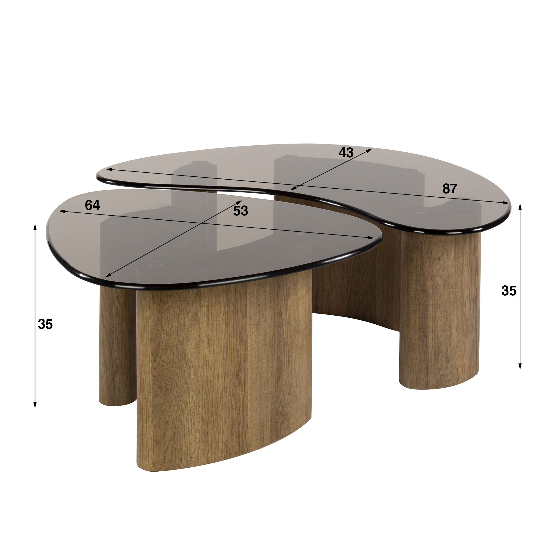 2er Set Couchtisch SAMOS organisch Eichenholzoptik Bronzeglas Tischset