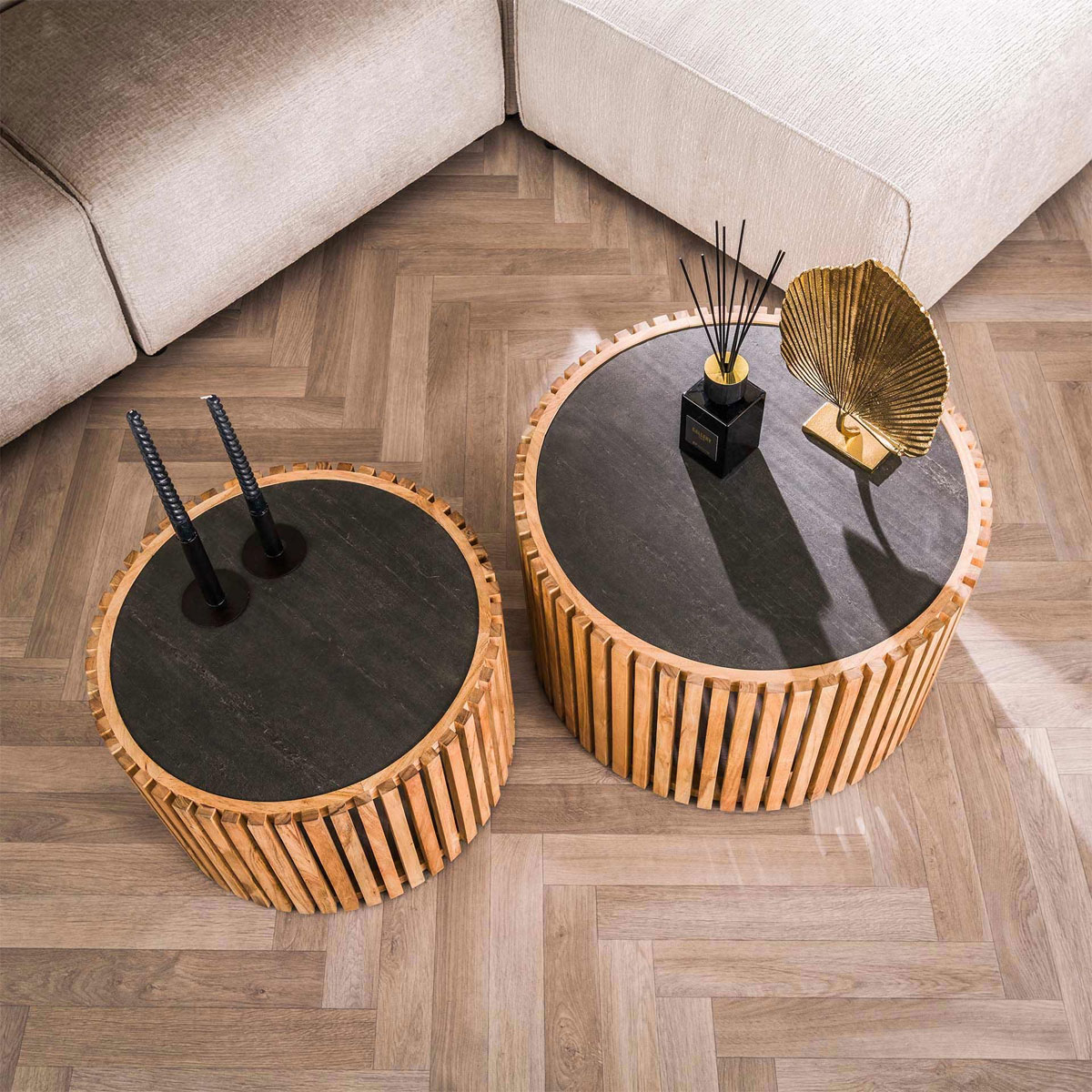 2er Set Couchtisch Schiefer rund Schiefer Akazienholz Tischset