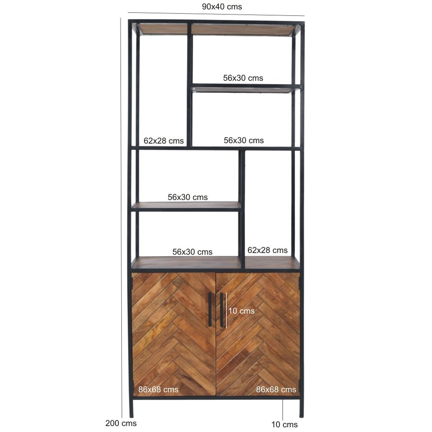 Schrank Regal Brooklyn B 90 cm Wandregal Bücherregal Mangoholz Fischgräte braun Metall schwarz
