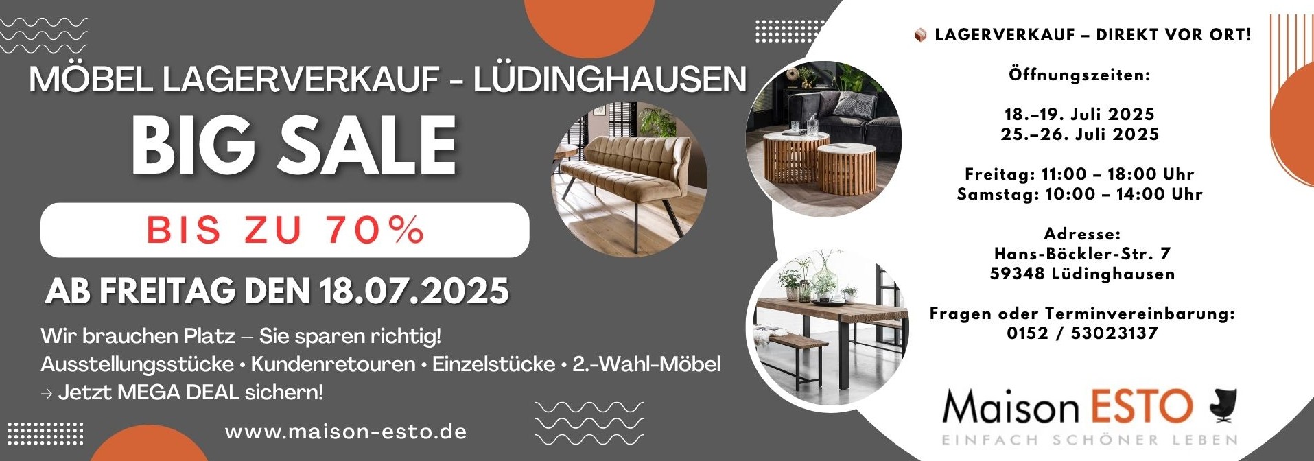 Möbel‑Lagerverkauf – bis zu 70 % Rabatt – Maison ESTO – Lüdinghausen