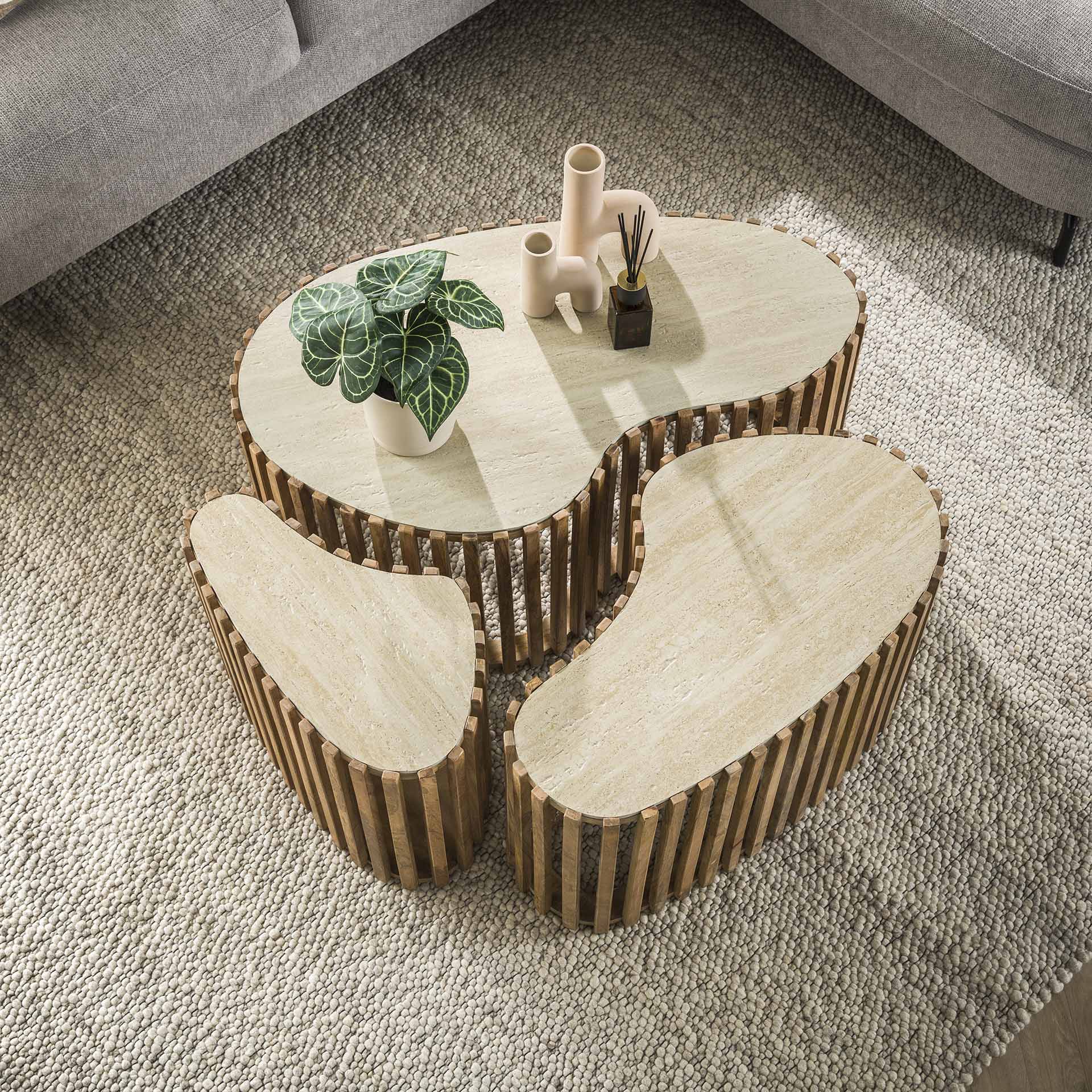 Couchtisch-Set LORENZO – 3er Set Nierenform Travertin-Optik