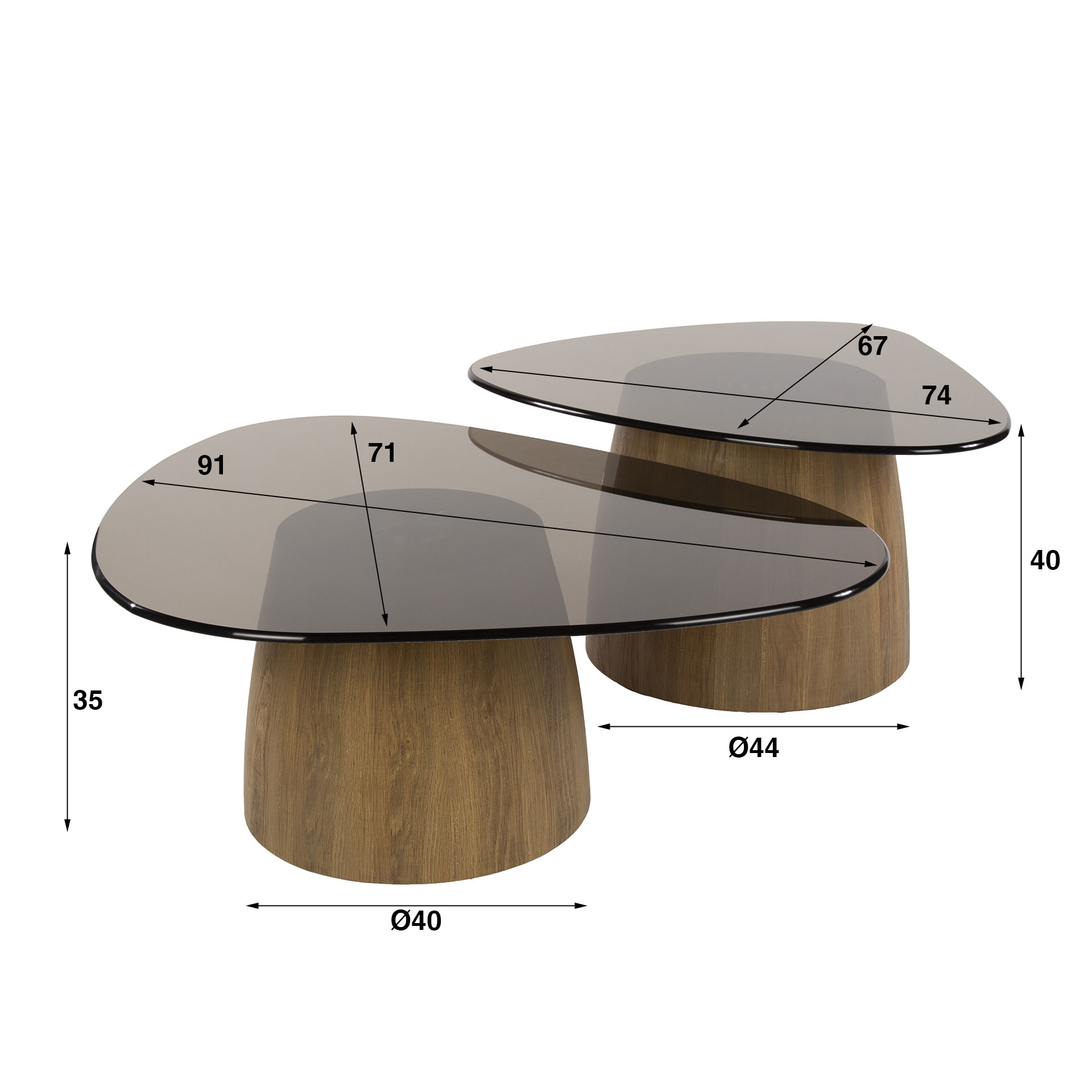 2er Set Couchtisch SAMOS dreieckig Eichenholzoptik Bronzeglas Tischset