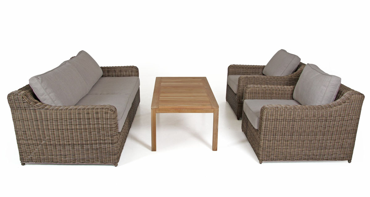 Garten Sessel Glendon Polyrattan natur mit Sitz- und Rückenkissen