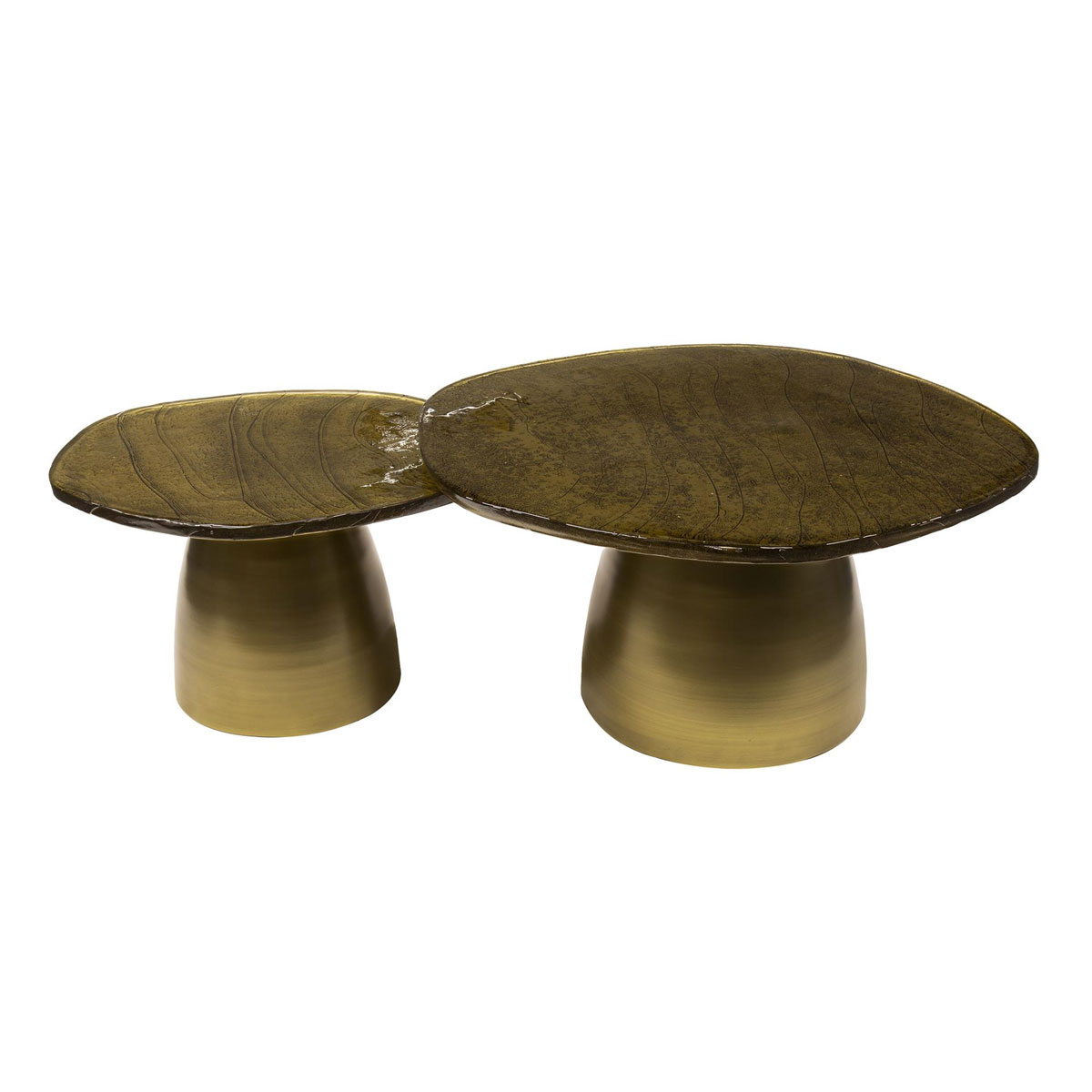 2er Set Couchtisch Ellipse Metall Glas Gold antik Finish