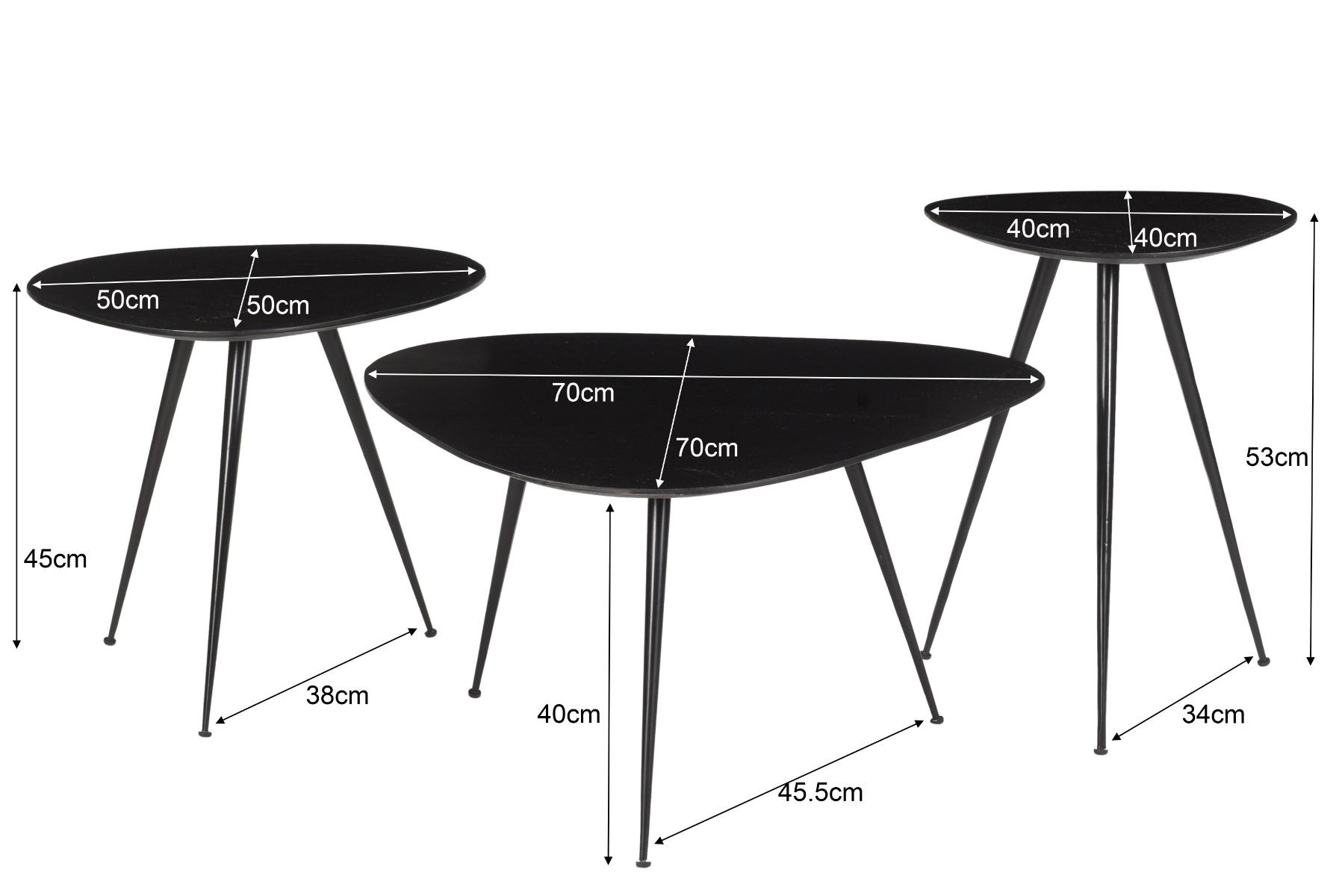3er Set Couchtisch Loua Hartholz schwarz Metall Tischset Sofatische