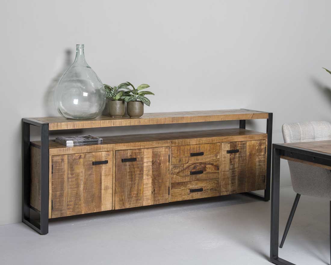 Kommode Sideboard Nairobi 210 cm Mango Holz Metall schwarz