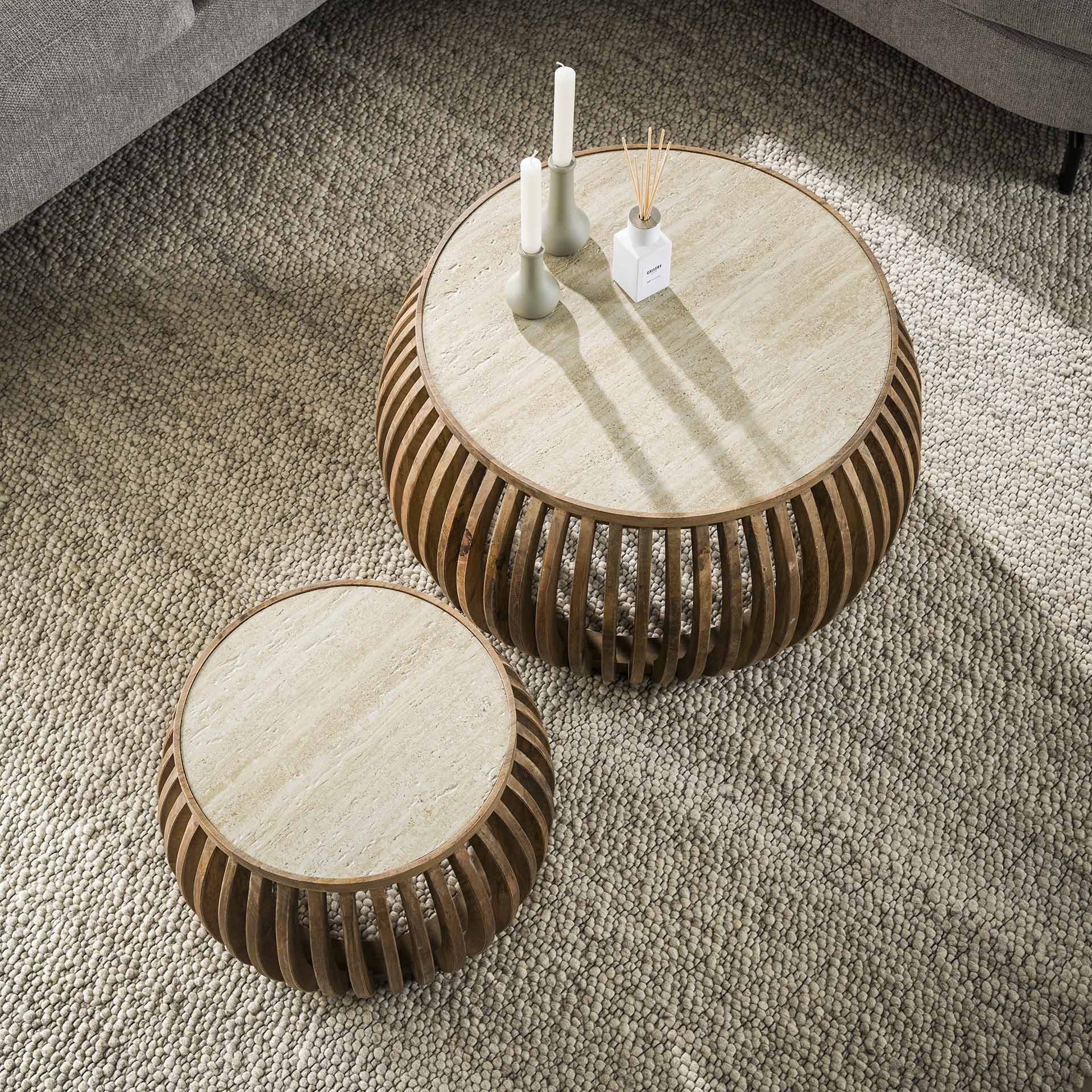 Couchtisch-Set LORENZO – 2er Set aus Mangoholz mit Travertin-Optik