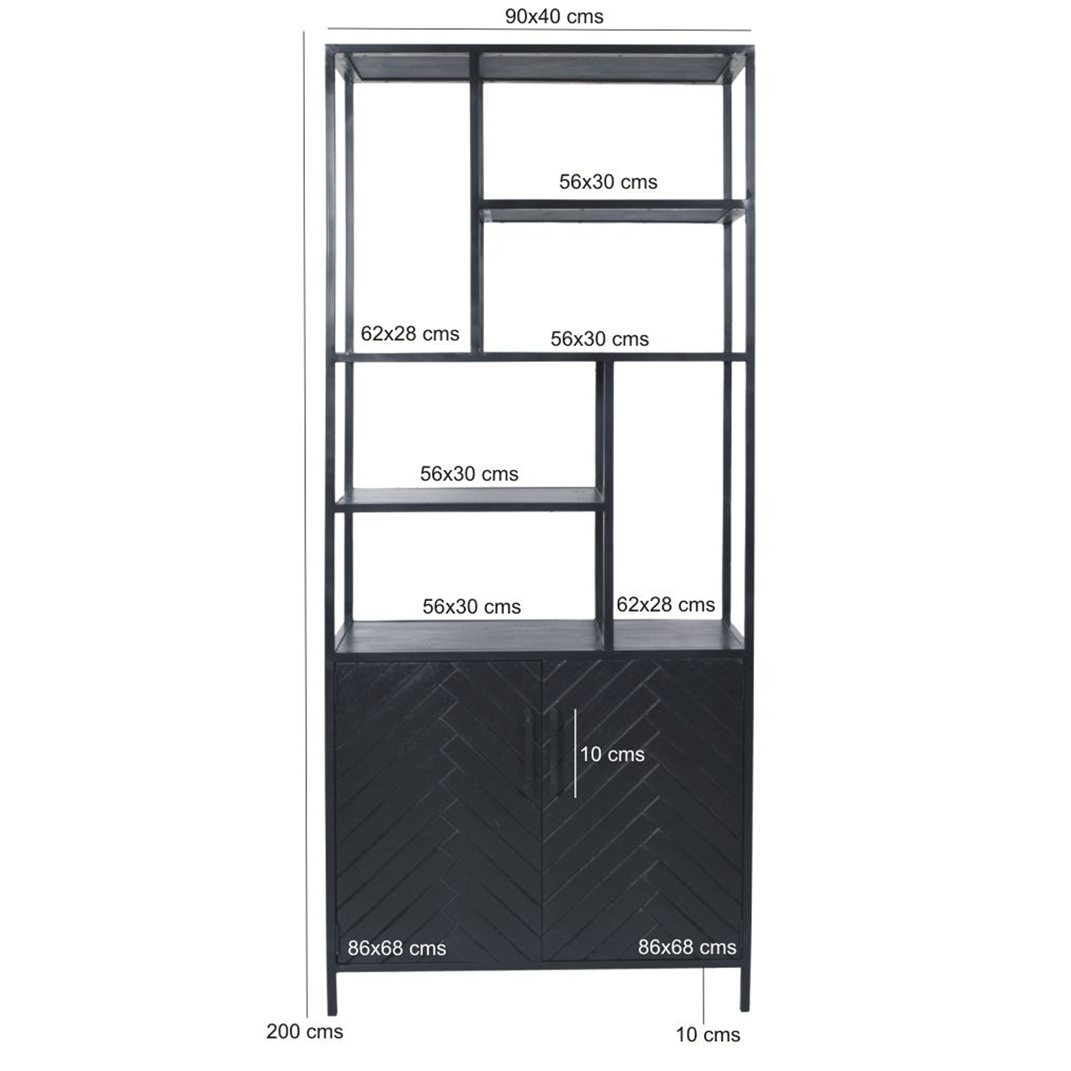 Schrank Regal York B 90 cm Wandregal Bücherregal Mangoholz Fischgräte Metall schwarz