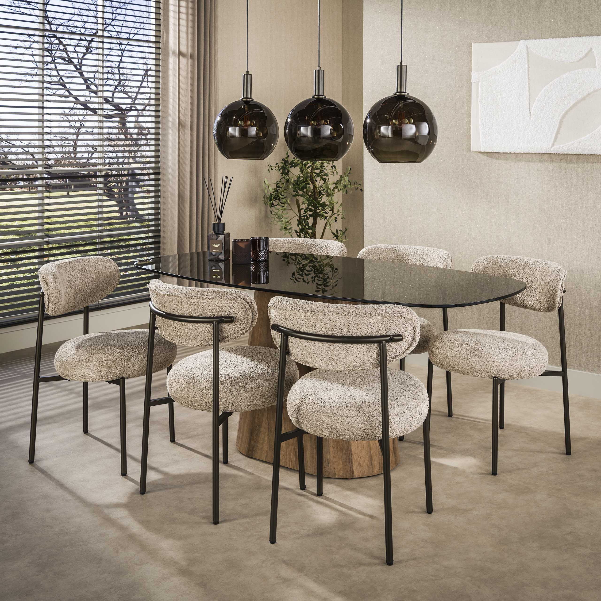 2er Set Esszimmerstuhl Polsterstuhl Oval Tissee Bouclé sand - Beine braun