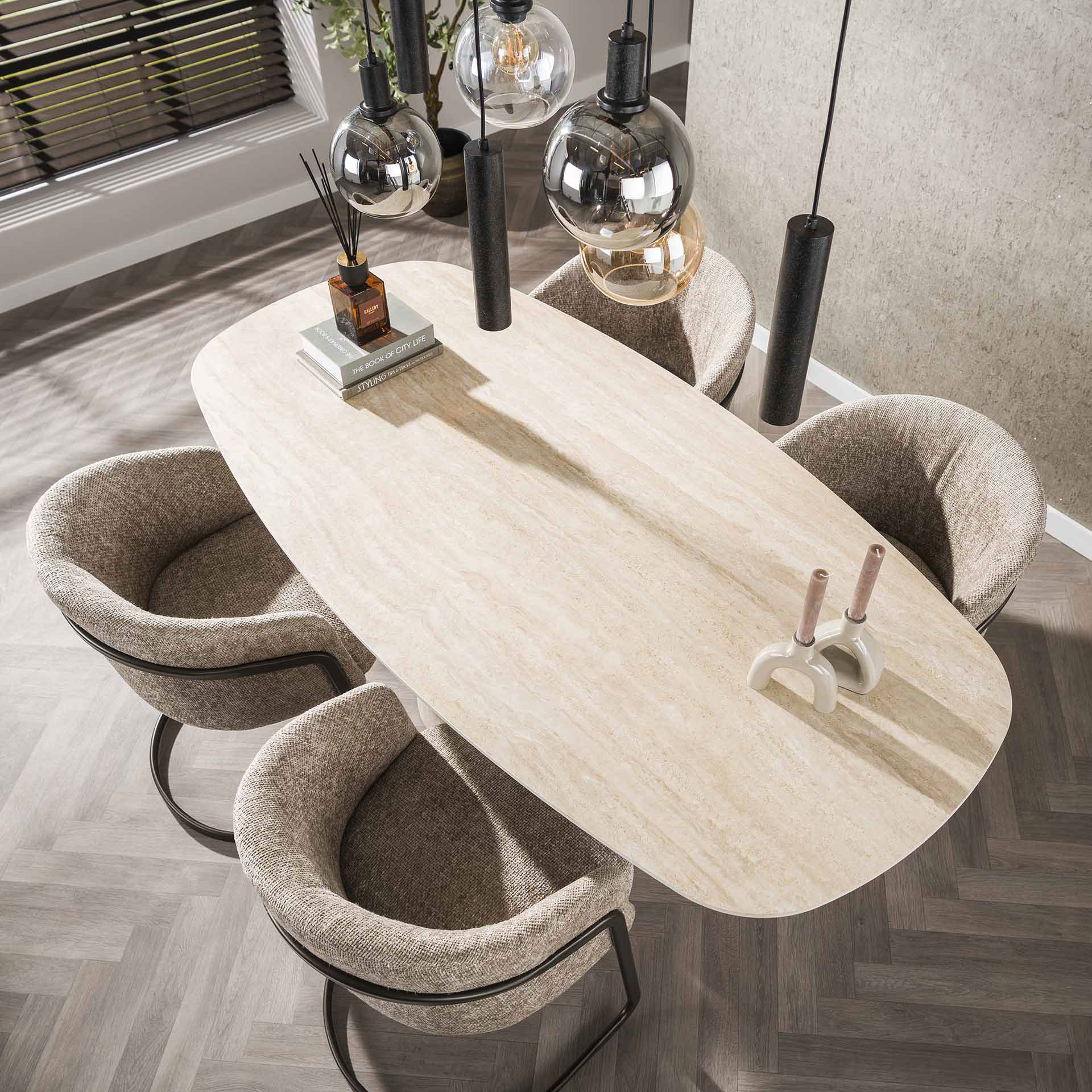 Esstisch VERONA Keramikplatte Travertinoptik oval 180 x 90 cm