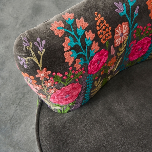 Sessel ELLA Samt Samtsessel bunt handbestickt grau