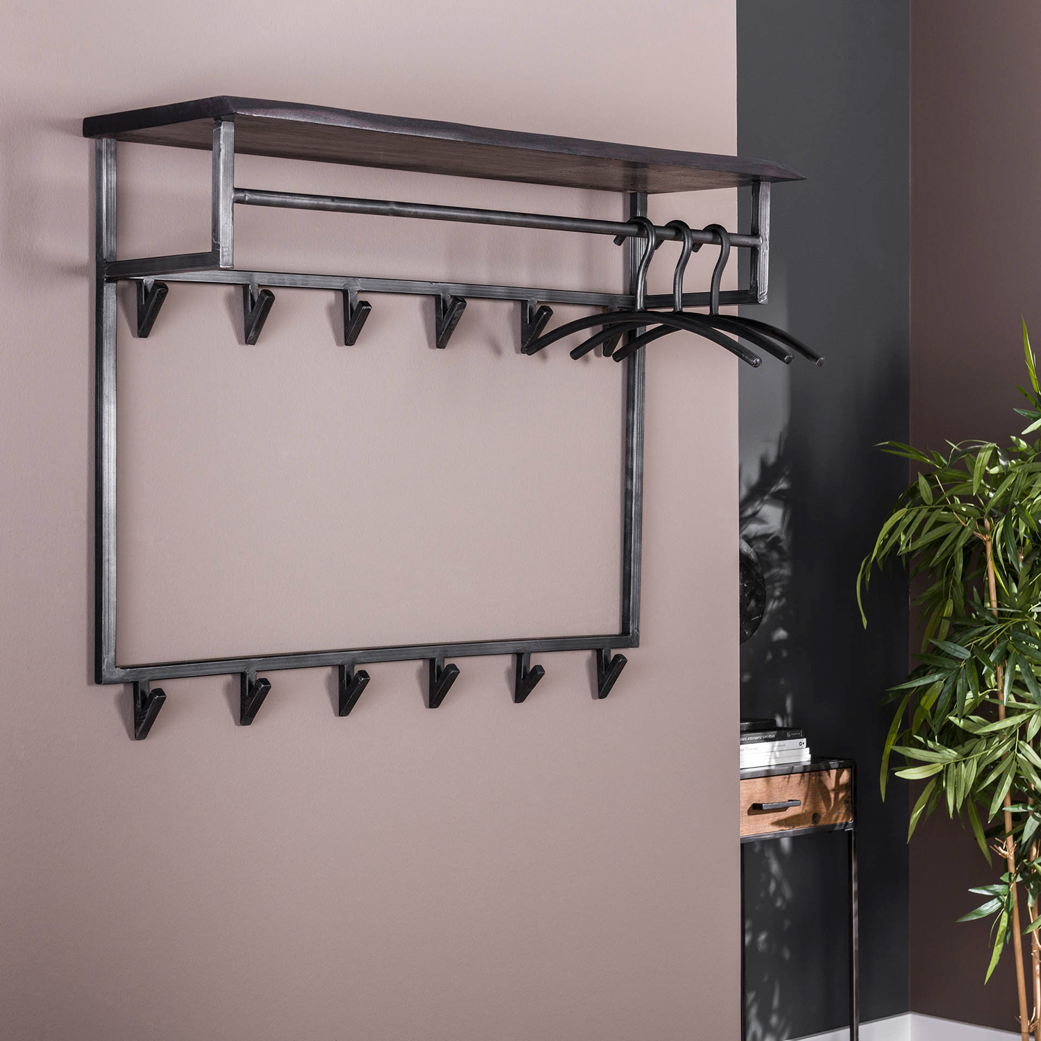 Wandgarderobe B 100 cm 12 Haken Metall Akazie schwarz Garderobe Hängegarderobe