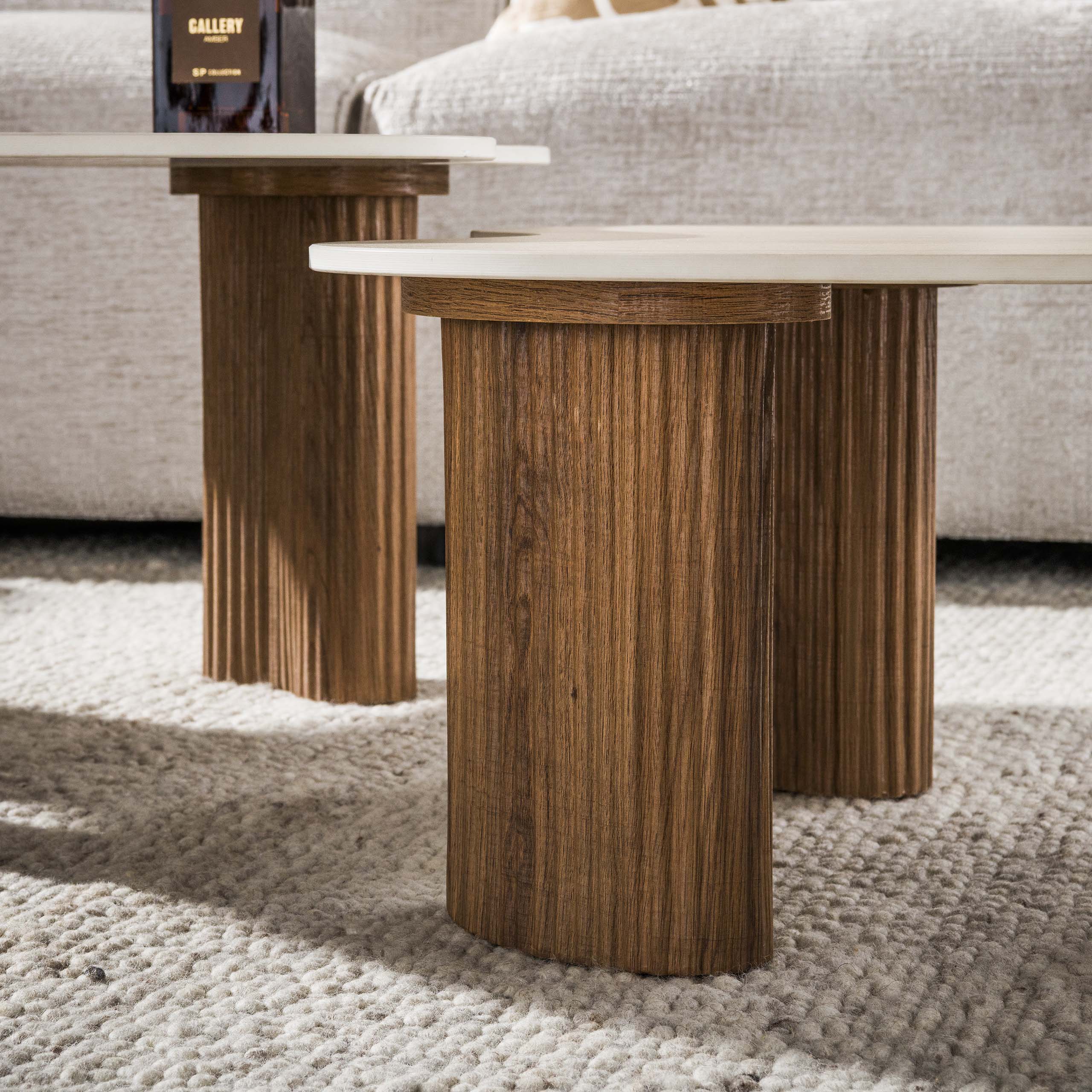2 er Set Couchtisch JAHAN organisch 3D-Keramik Travertin-Optik