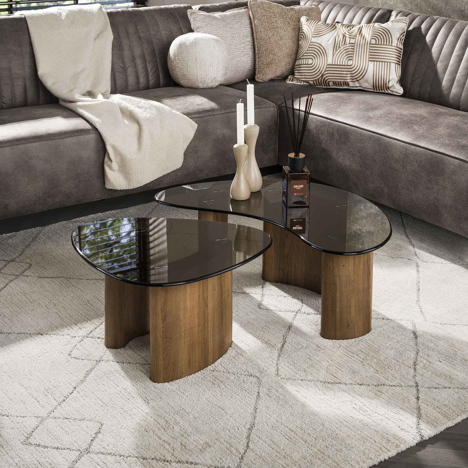 2er Set Couchtisch SAMOS organisch Eichenholzoptik Bronzeglas Tischset