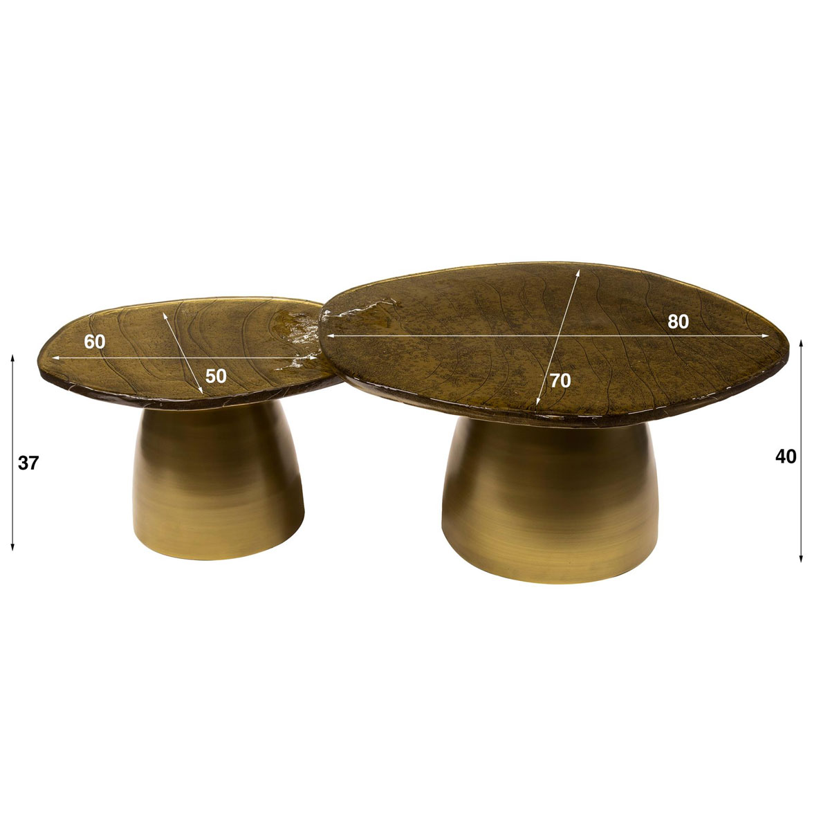 2er Set Couchtisch Ellipse Metall Glas Gold antik Finish