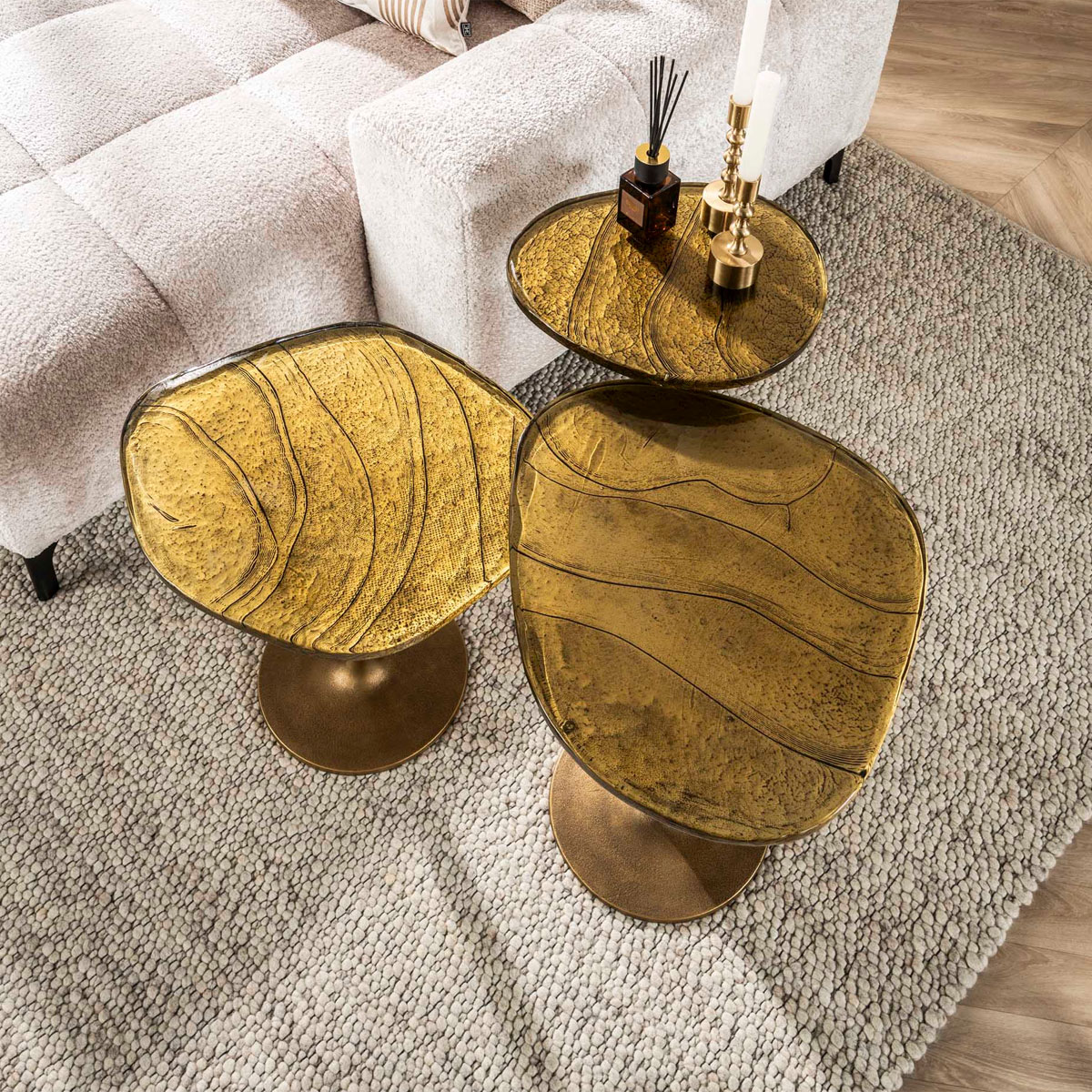Beistelltisch Ellipse M Metall Glas Gold antik Finish Couchtisch Sofatisch