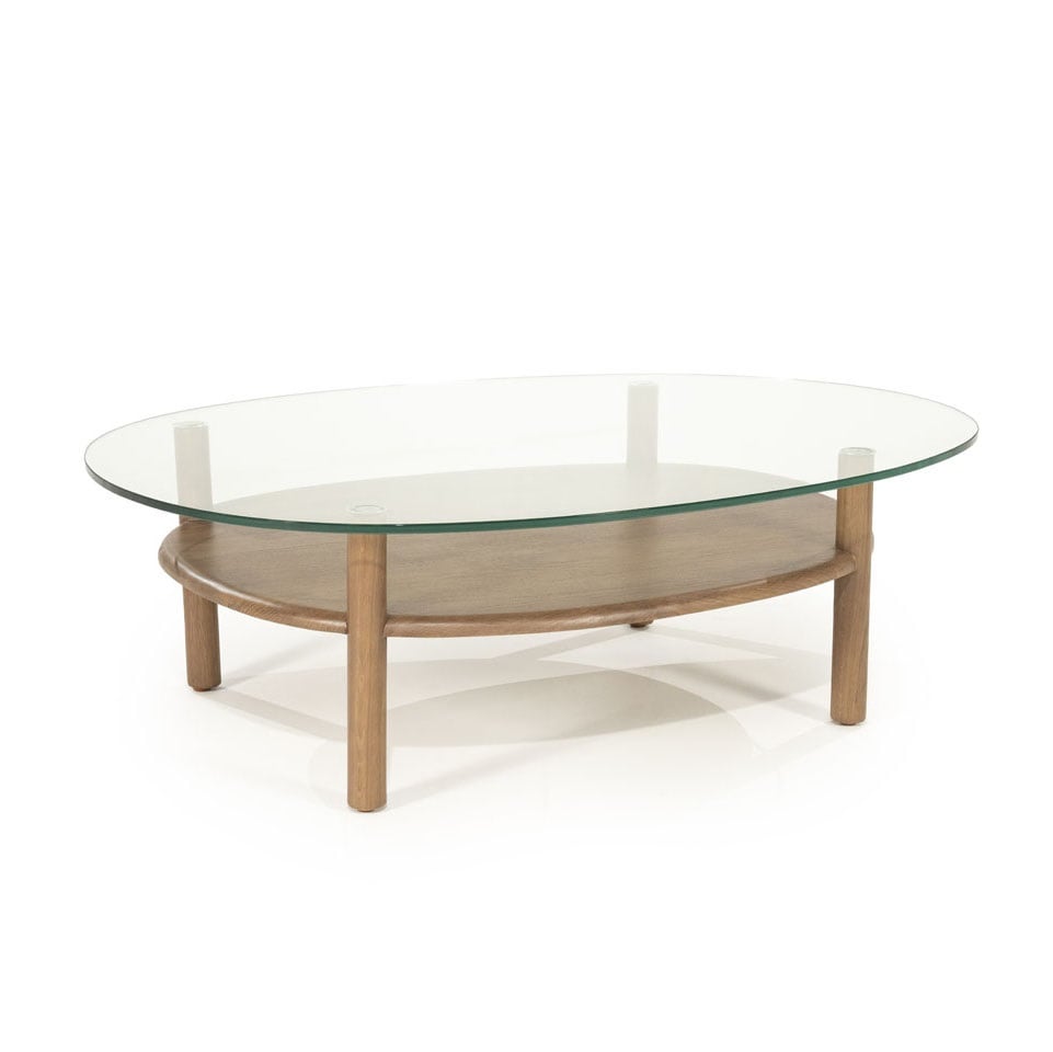 Couchtisch Cleo oval 101,5 x 73 cm mit Glasplatte Eiche Massivholz dunkel