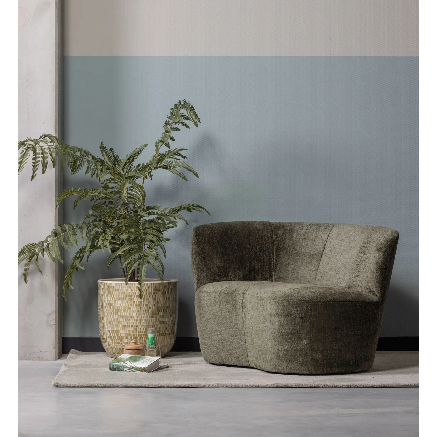 kleines Sofa Stone links 112 cm Struktur-Samt warmgrün Loungesofa