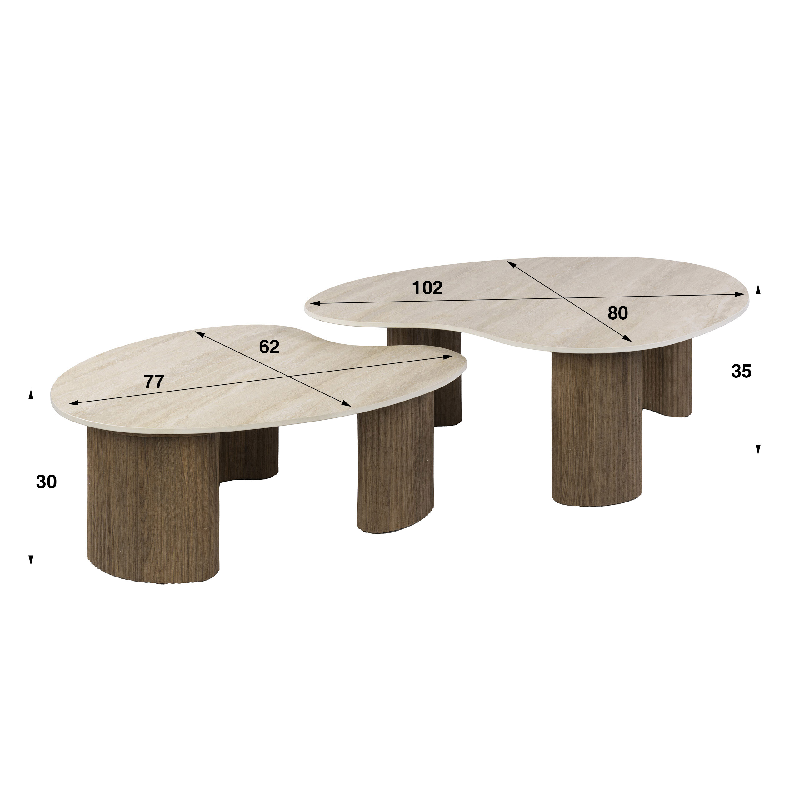2 er Set Couchtisch JAHAN organisch 3D-Keramik Travertin-Optik