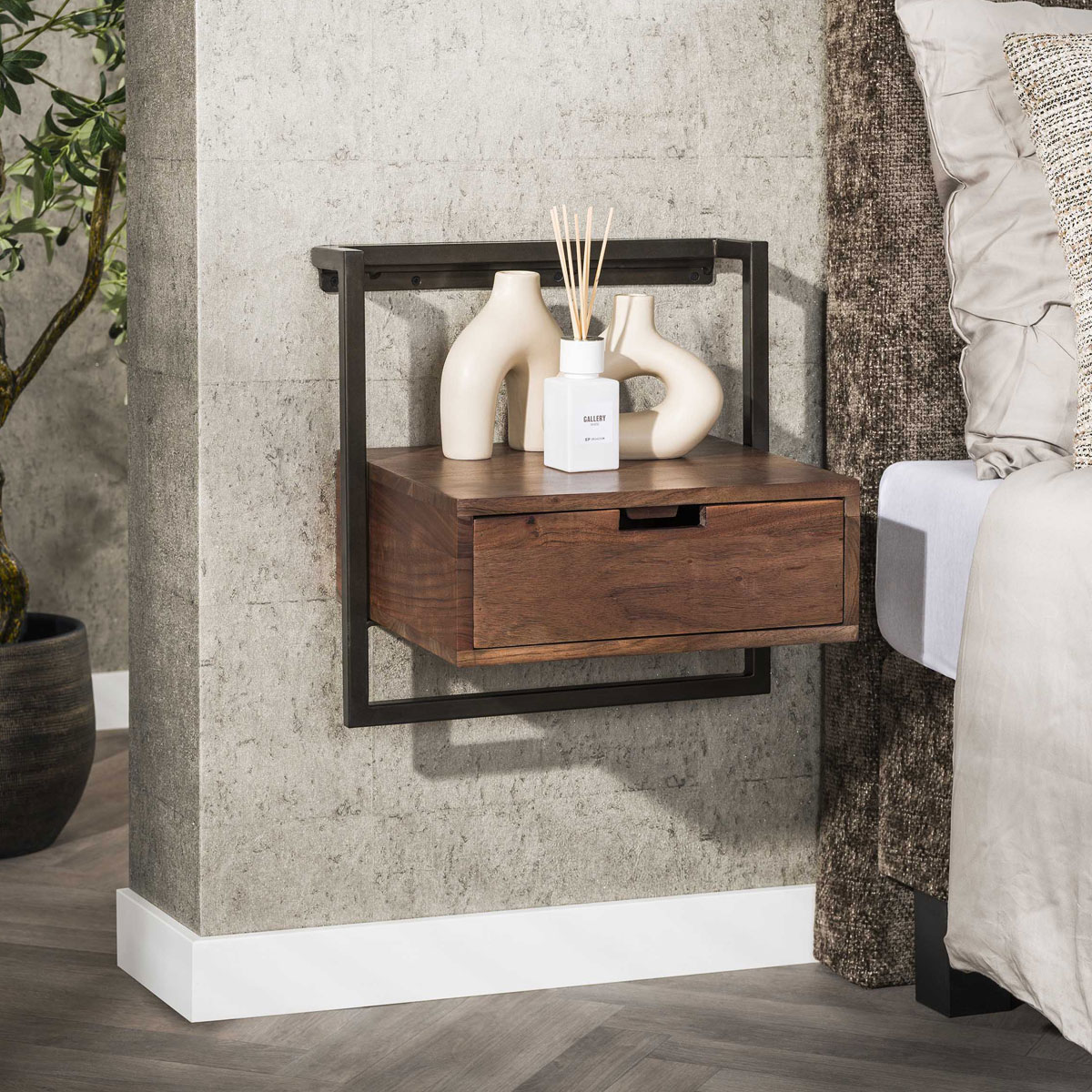  Industrie Nachttisch BLOW hängend Schublade Akazie braun