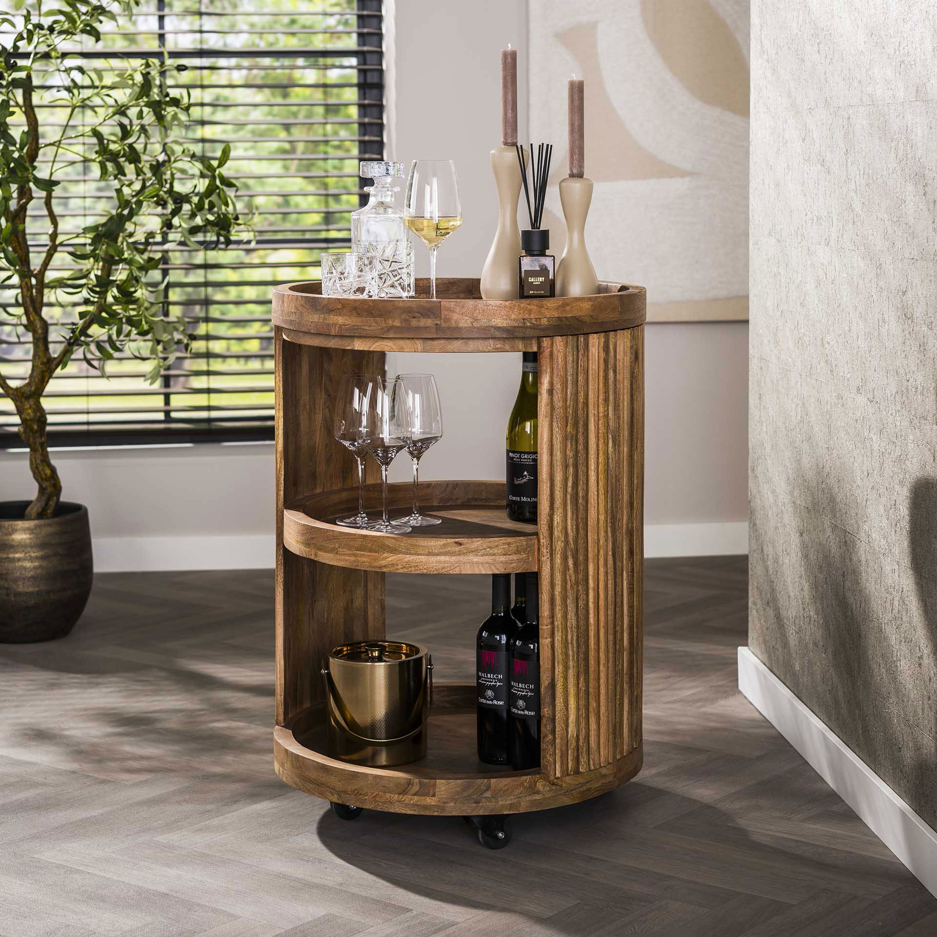 Weintrolley SWELL mit Tablett Mango Massivholz sand Trolley auf Rollen Beistelltisch