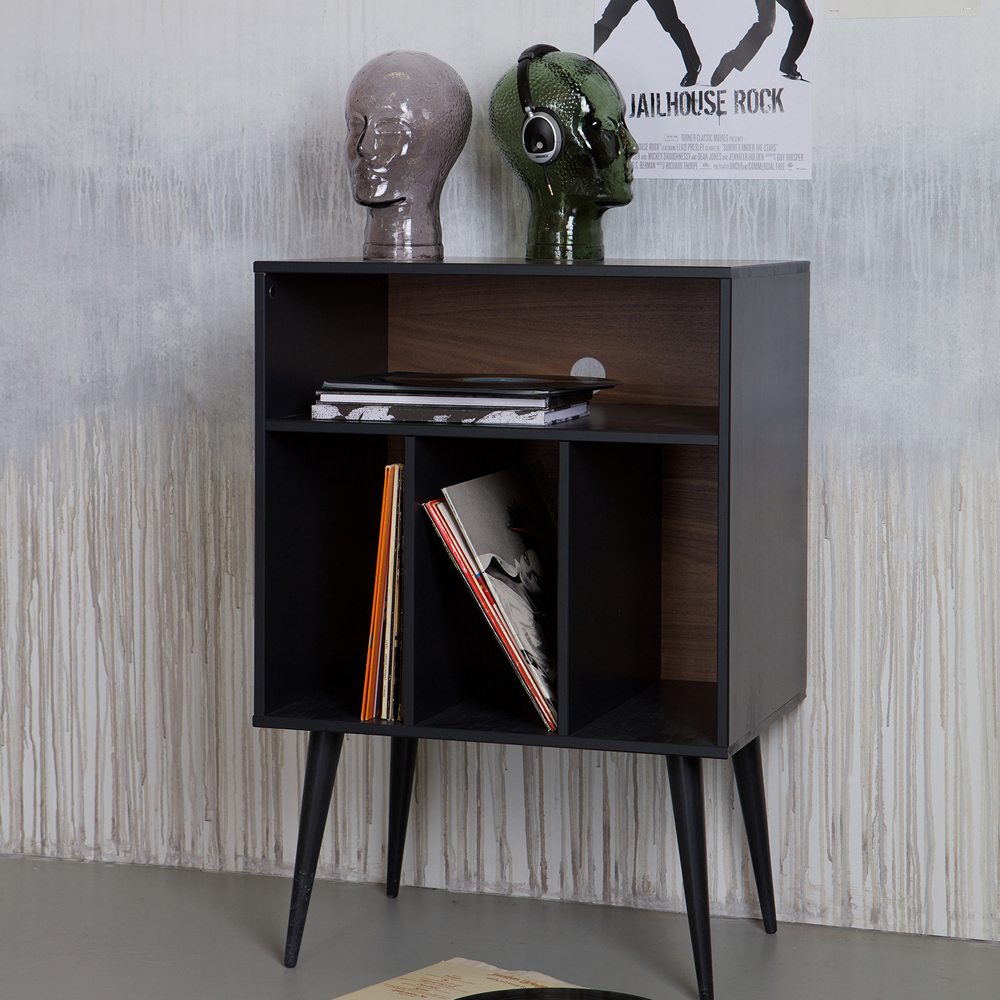 HIFI Schrank James LP Regal Kommode Nussbaum Dekor Kiefer Massivholz