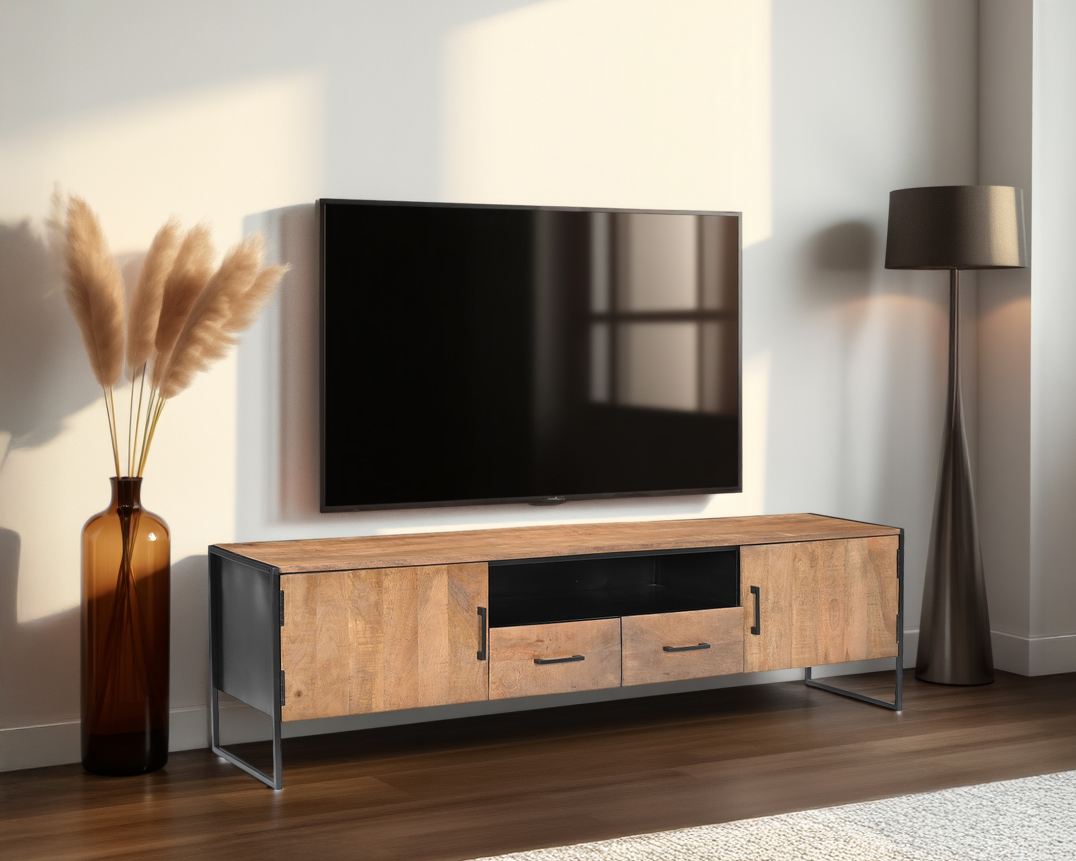 Lowboard TV Möbel Elin 180 cm Mangoholz natur Metall