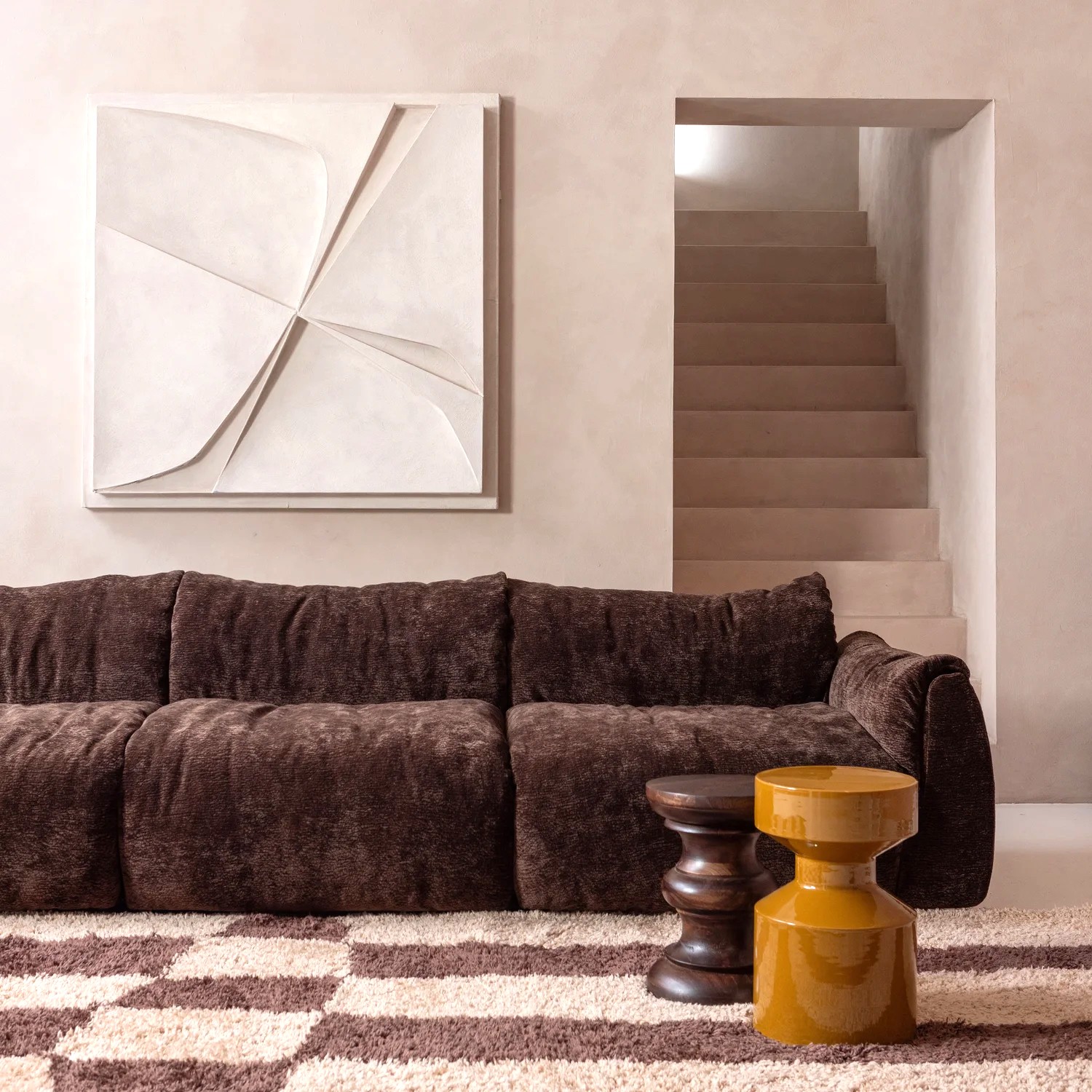 woood 3 Sitzer Sofa BAGGY 3D Chenille dunkelbraun Couch