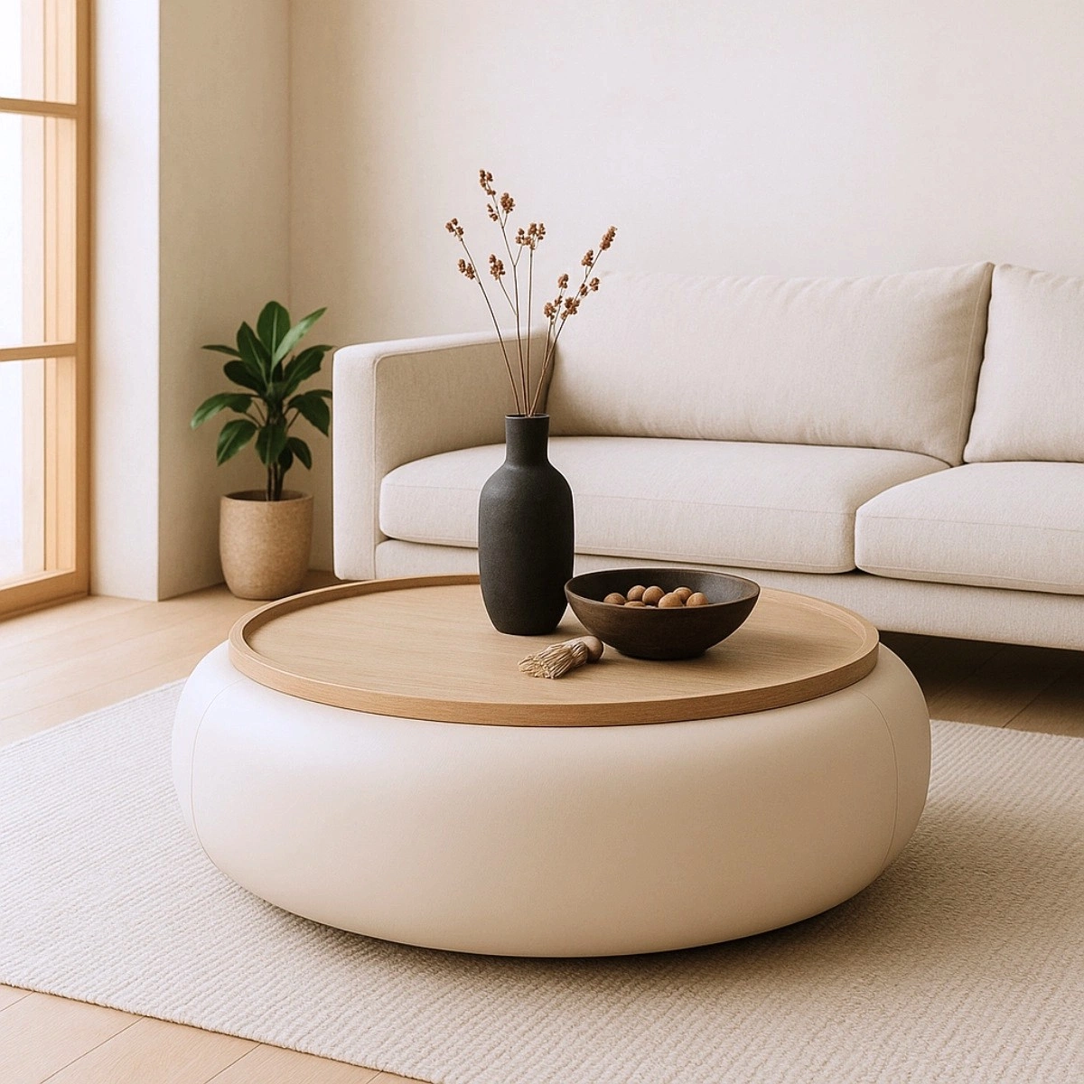 DÁJE Interieur Couchtisch MOVANI Beige rund mit Stauraum im modernen Japandi Wohnzimmer