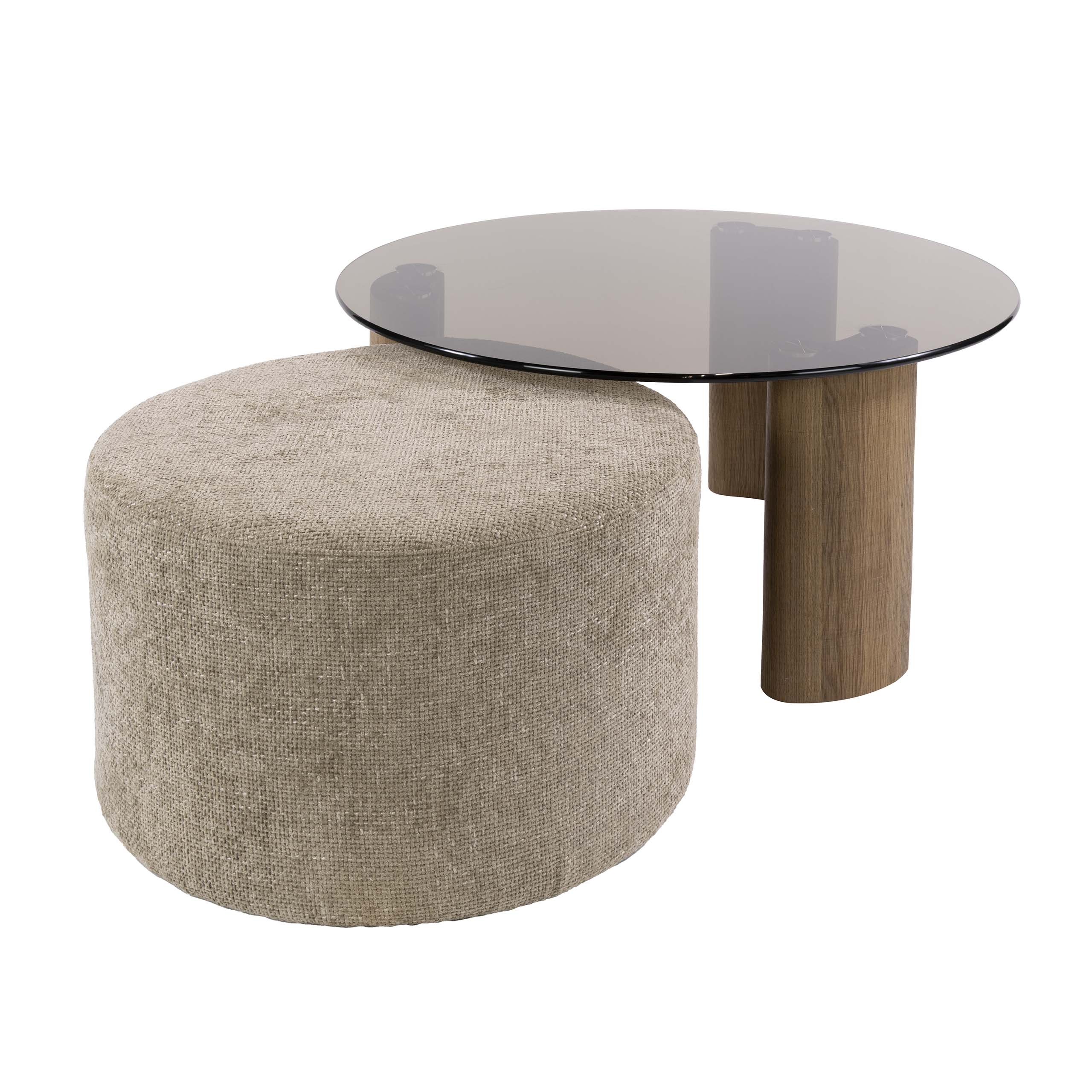 Set Couchtisch SAMOS rund Ø 80 cm Glasplatte mit Pouf sandfarben
