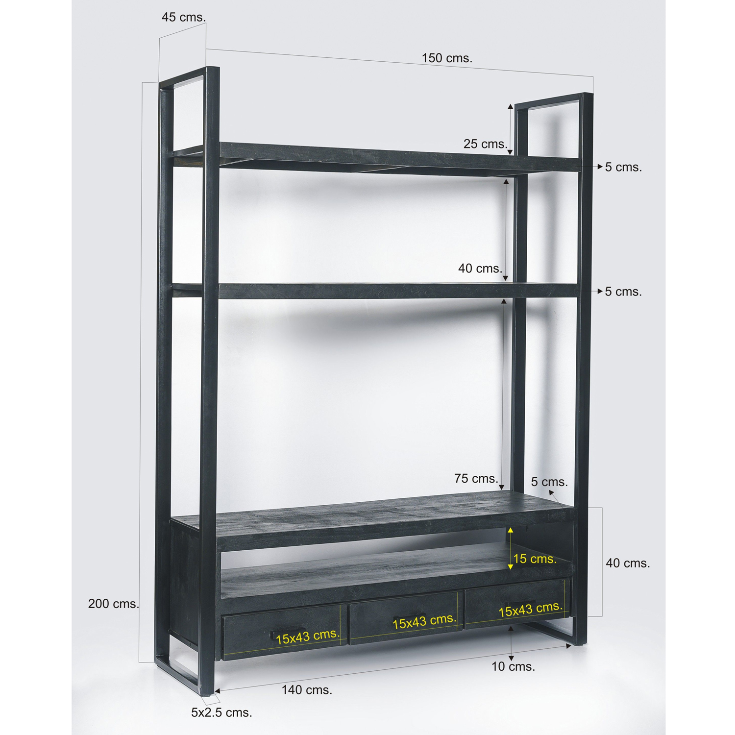Vintage Retro TV Möbel Regal Norris H 200 cm Mango Holz Metall schwarz