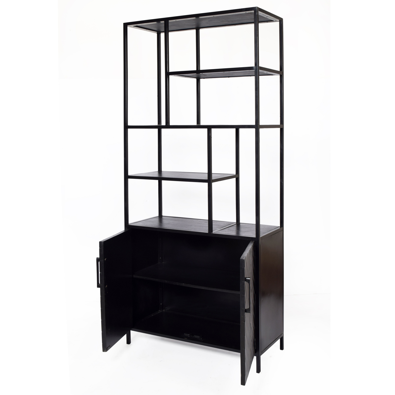 Schrank Regal York B 90 cm Wandregal Bücherregal Mangoholz Fischgräte Metall schwarz