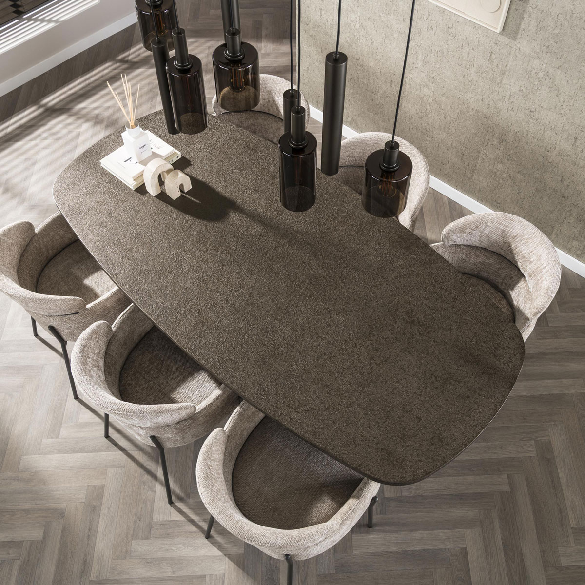 Esstisch MENNO 215 x 105 cm oval Holzplatte mit Metallic-Optik Metallgestell