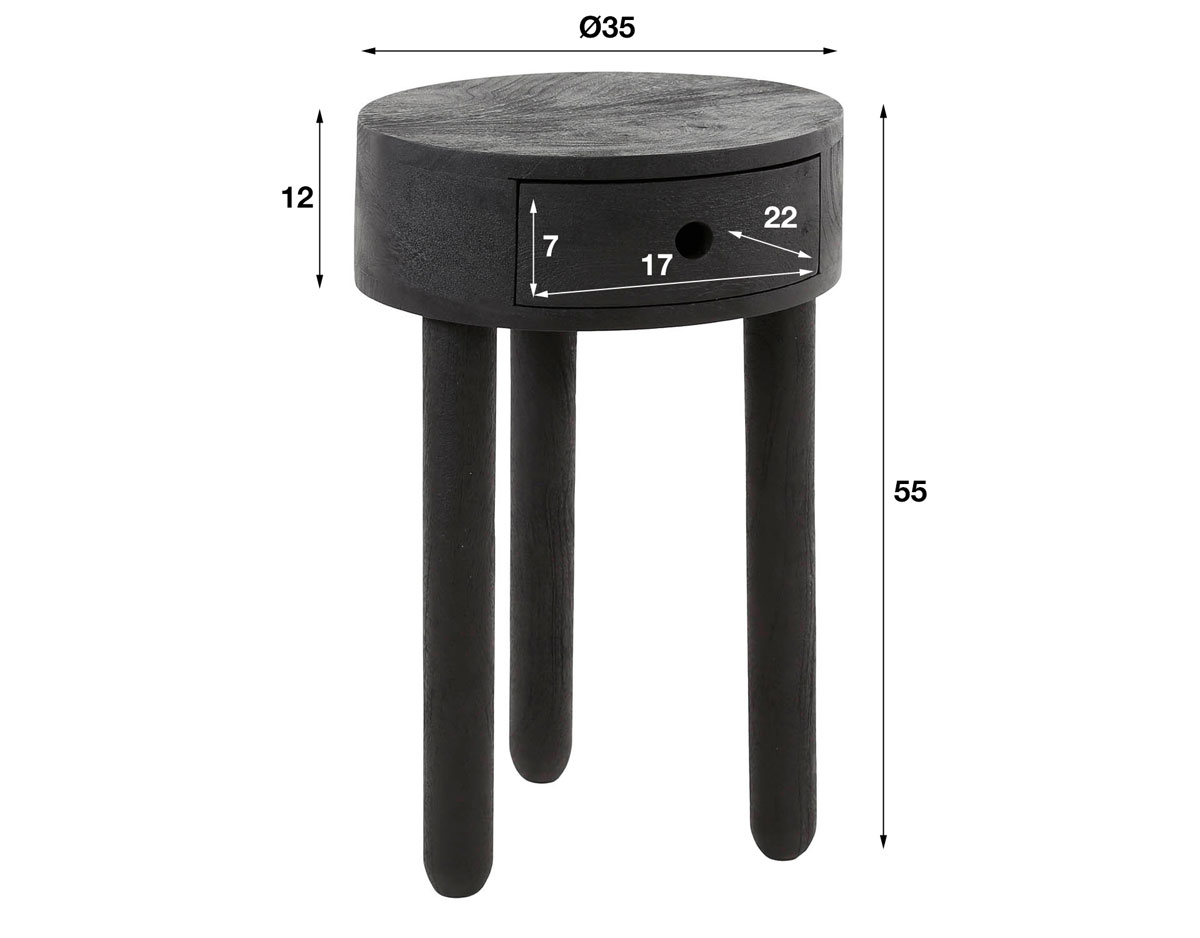 Nachtschränkchen NOIR rund H 55 cm Akazie schwarz Nachttisch