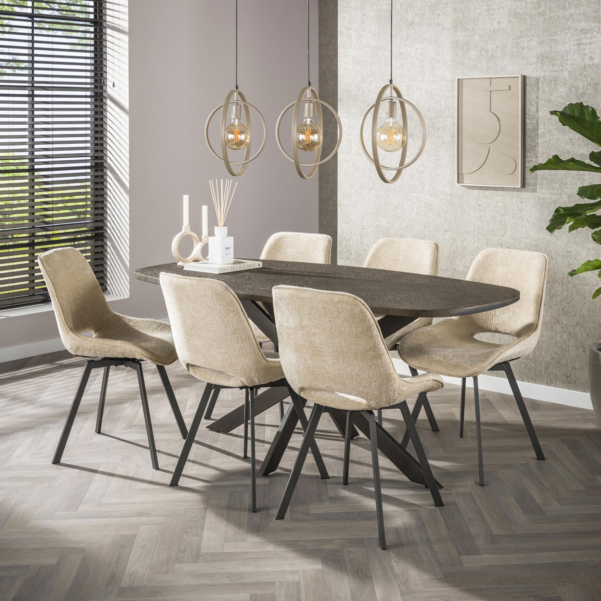 4er Set Esstischstuhl ELODIE drehbar Stoff Jaroq sandfarben