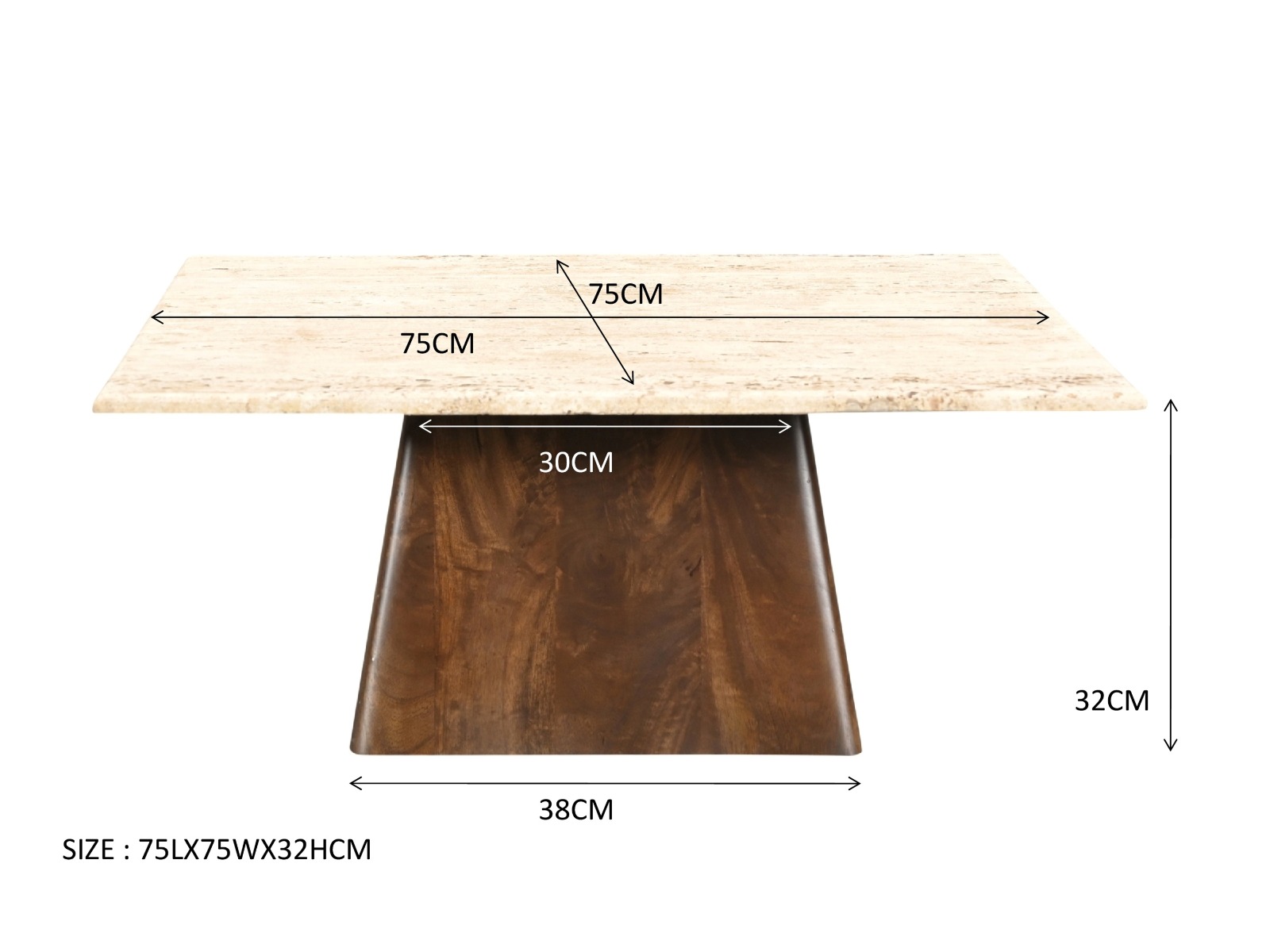 Couchtisch Valentino 75 x 75 cm Mangoholz mit Travertin Tischplatte natur