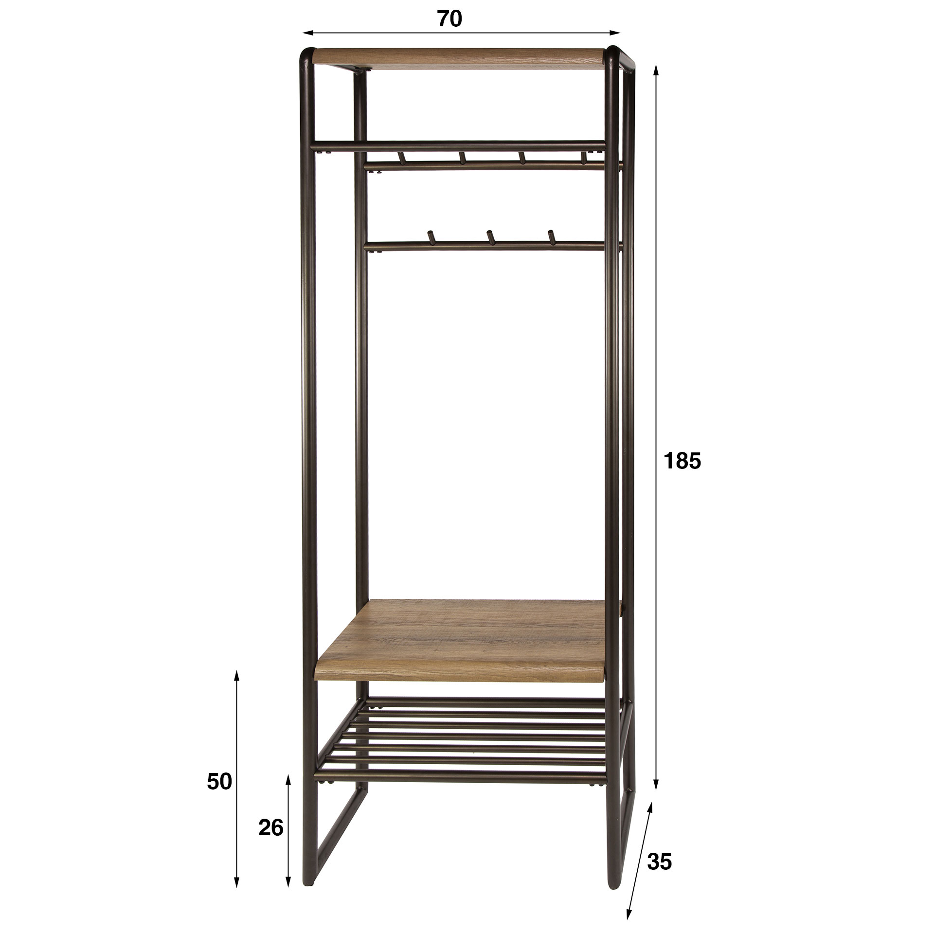 Standgarderbobe SANOS H 185 cm mit 7 Haken Hutablage Eichenoptik Stange Metall bronze
