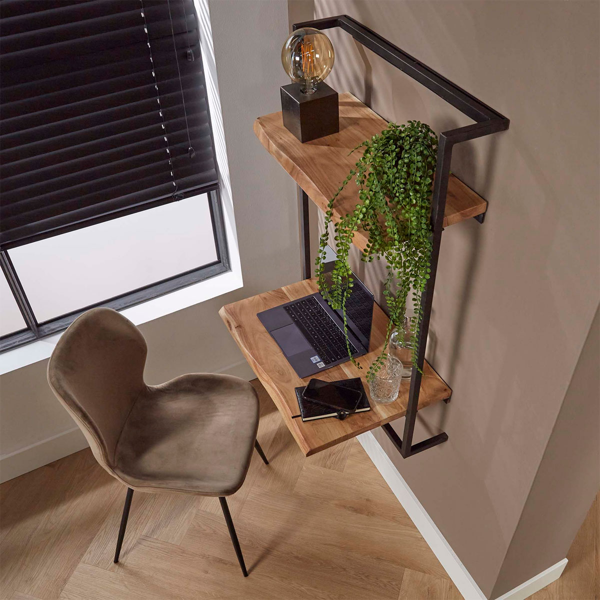 Schreibtisch Wall 65 x 45 cm Akazie Massivholz Metall Wandschreibtisch Regal