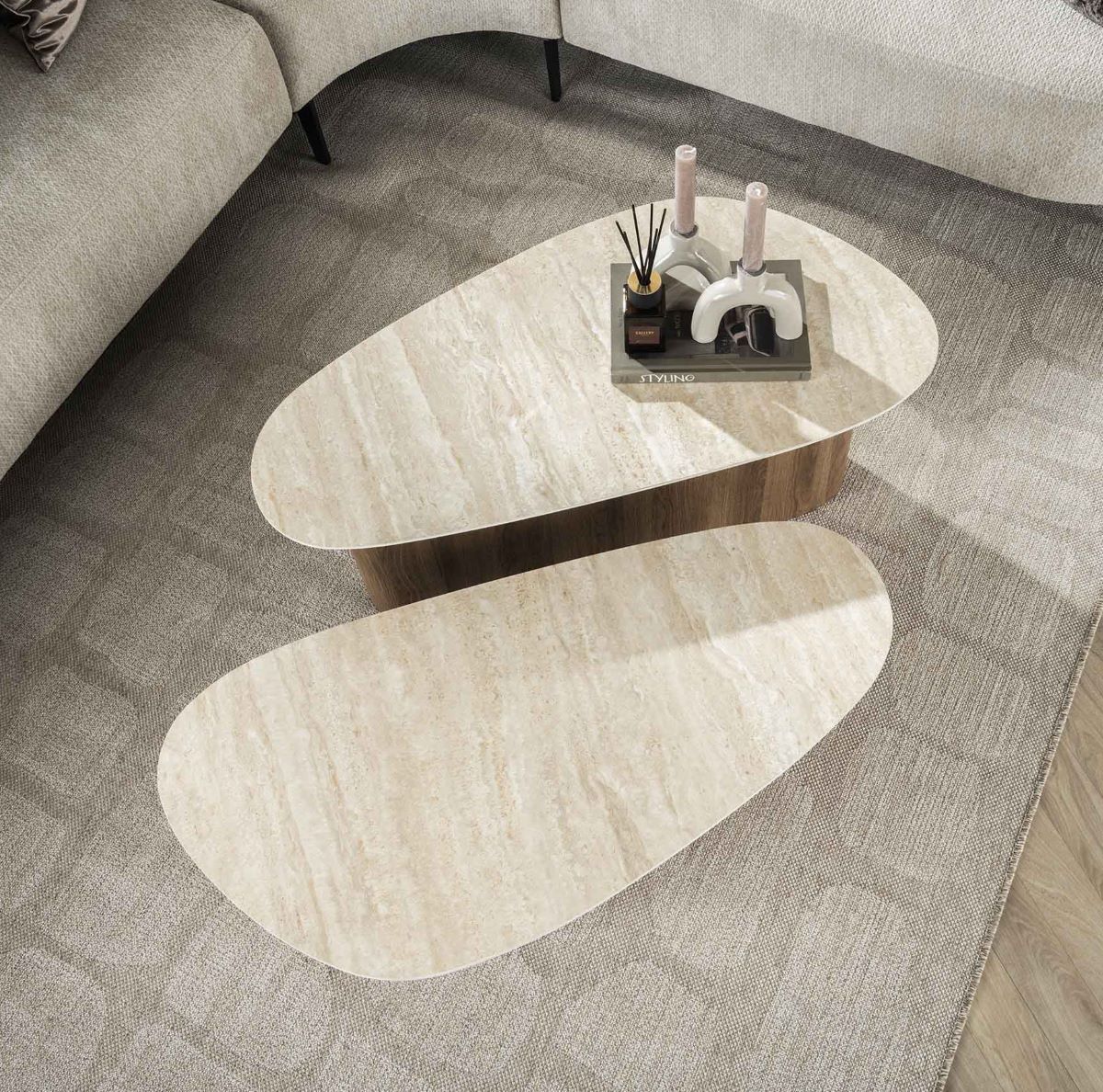 2´er Set Couchtisch PIAZZA dreieckig Keramik Travertin Optik beige