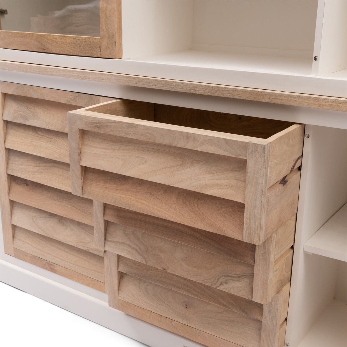 Buffetschrank Pacifica XL 180 cm Mangoholz Weiß Braun mit Glastüren