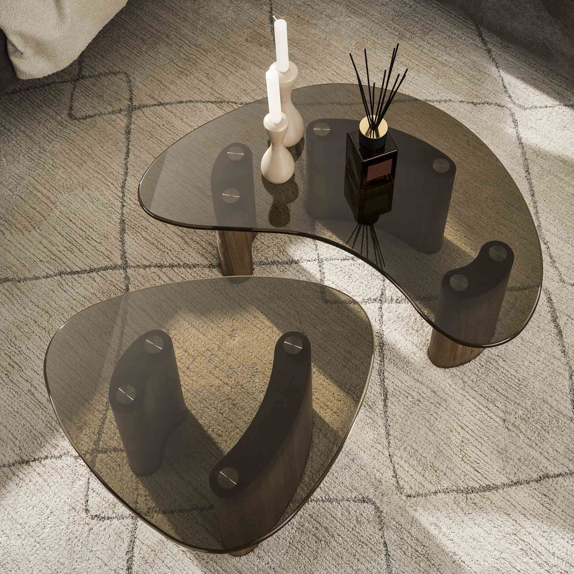 2er Set Couchtisch SAMOS organisch Eichenholzoptik Bronzeglas Tischset
