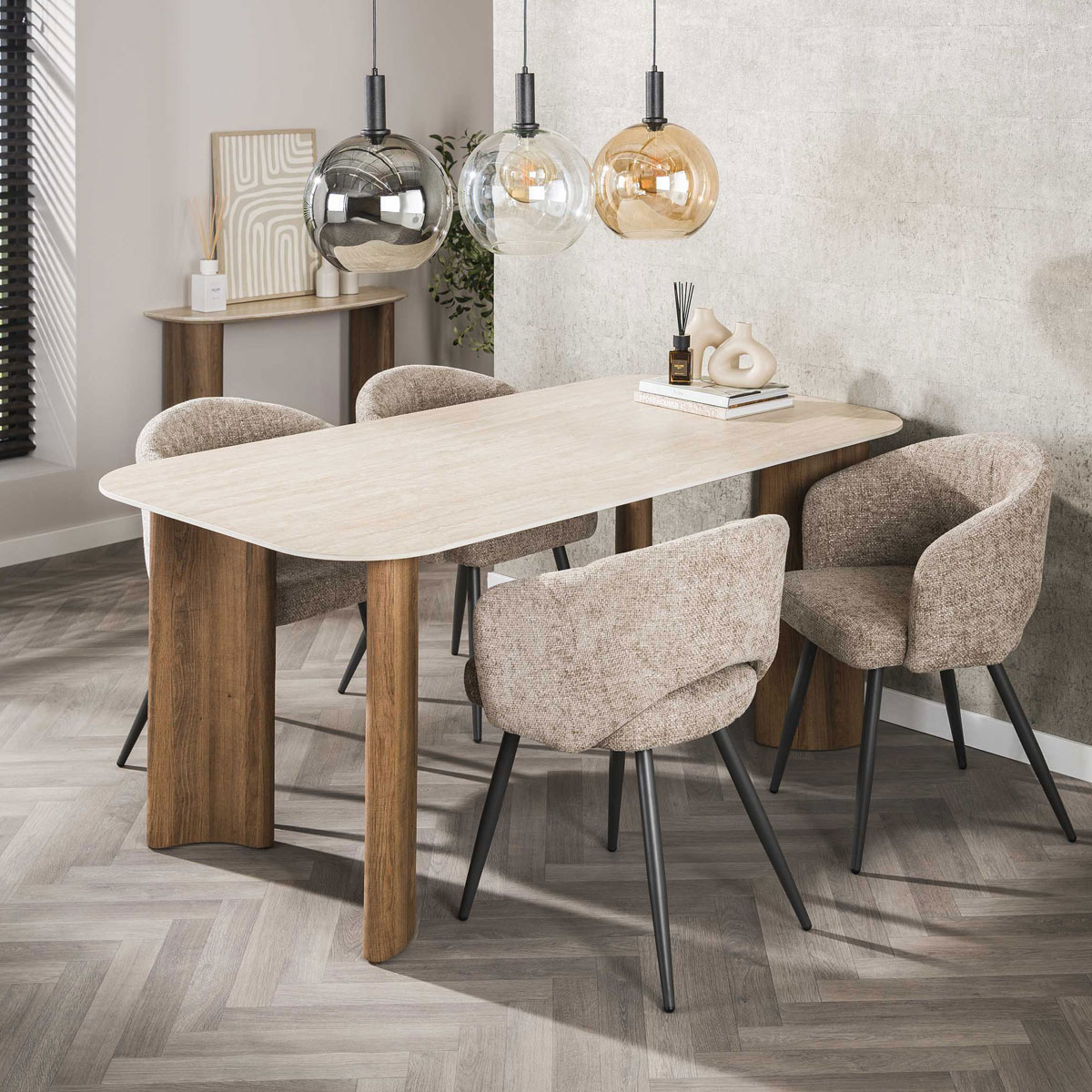 Esstisch FLORENZO 180 x 90 cm Keramikplatte Travertinoptik Eichenoptik