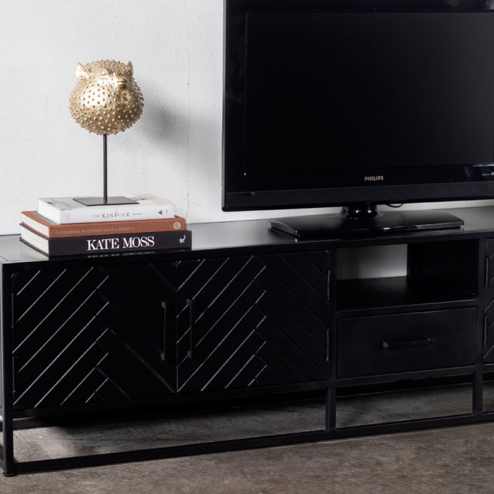 Industrie TV Möbel Lowboard BOB 210 cm Mangoholz Fischgrät schwarz