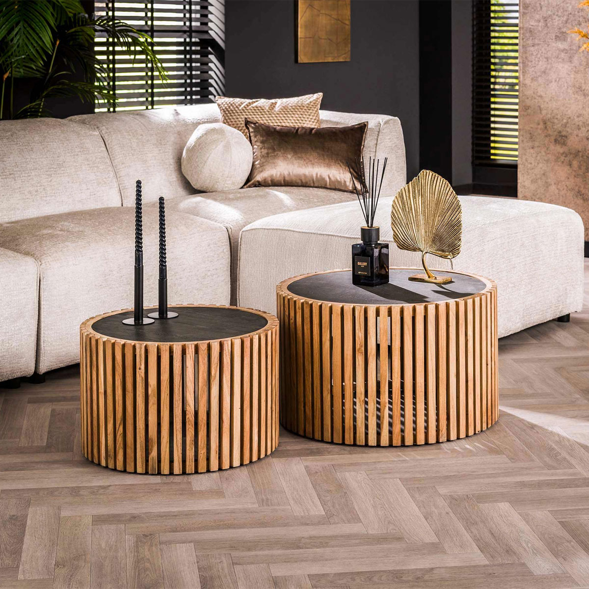 2er Set Couchtisch Schiefer rund Schiefer Akazienholz Tischset