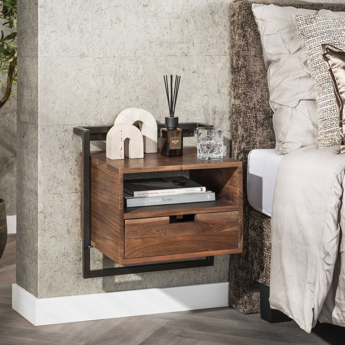 Nachttisch hängend H 45 cm mit Schublade Akazie dunkelbraun