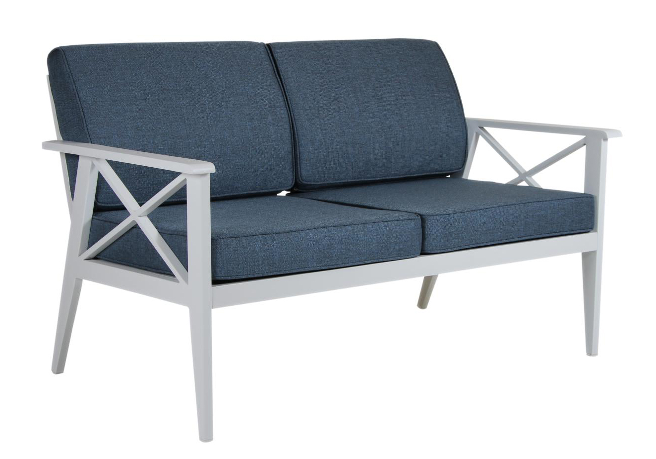 ANGEBOT! 4 tlg. Gartenmöbel Lounge Gruppe Aluminium weiss incl. blaue Kissen