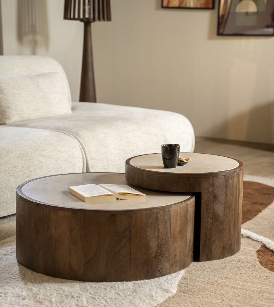 2er Set Couchtisch Mailand Marmor & Mangoholz