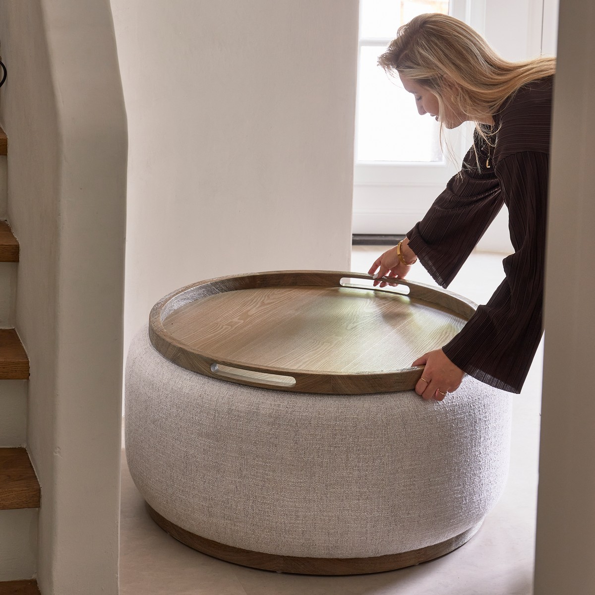 Rivièra Maison Pouf Babylon mit Tablett Large Weiß/Natur