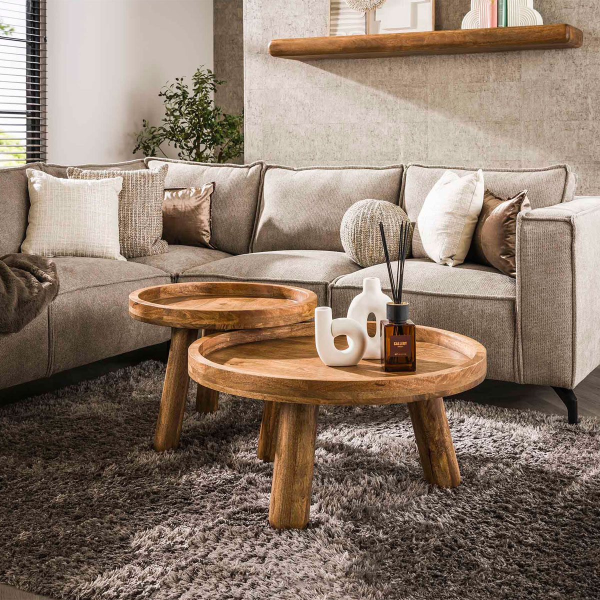 2er Set Couchtisch Tablo Mango Massivholz sandfarben Tischset Beistelltisch Sofatisch