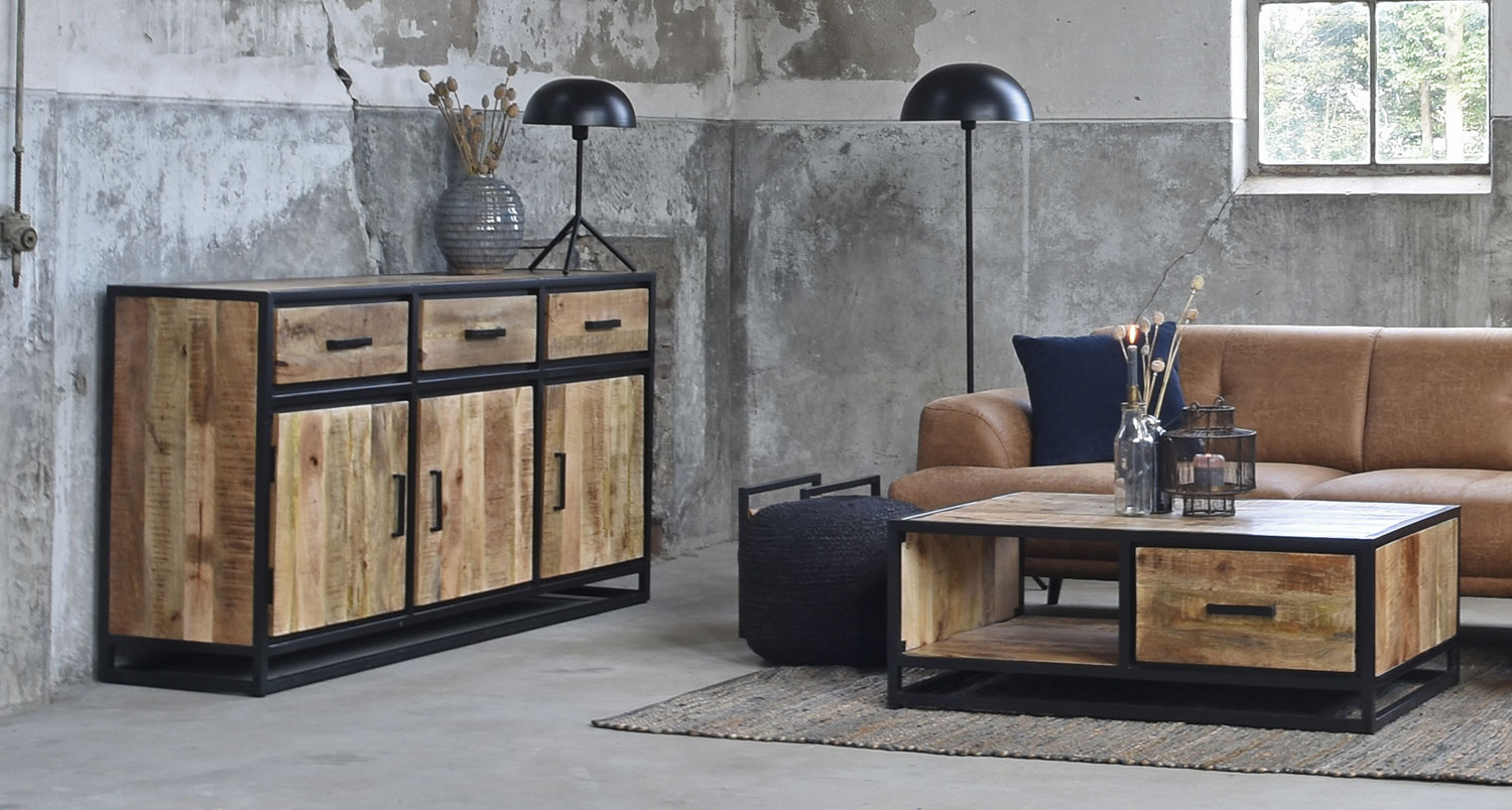 Industrie Kommode NERO 170 cm Anrichte Mango Holz